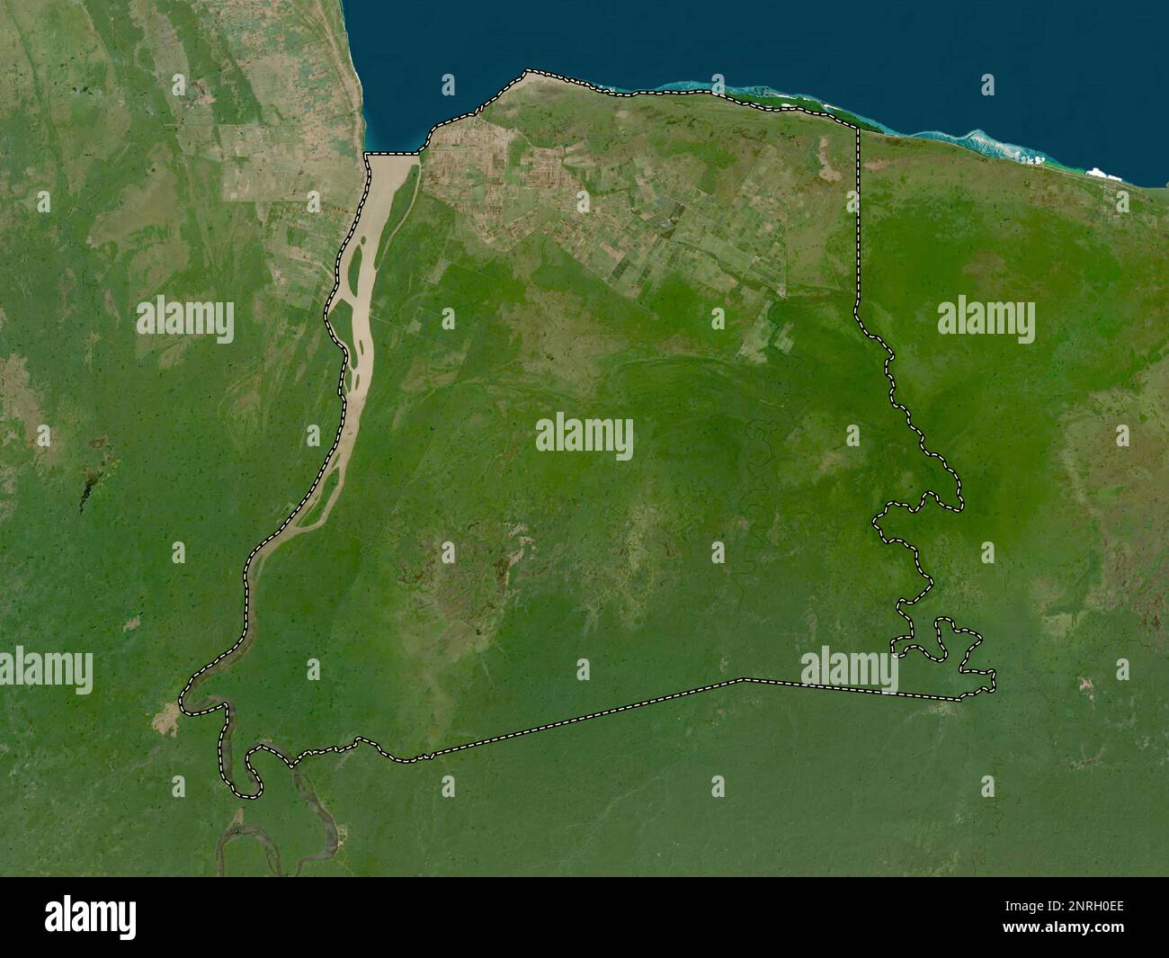 Nickerie, Bezirk Suriname. Satellitenkarte mit niedriger Auflösung Stockfoto