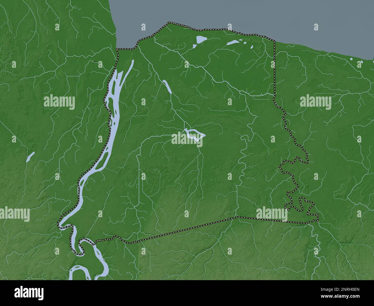 Nickerie, Bezirk Suriname. Höhenkarte im Wiki-Stil mit Seen und Flüssen Stockfoto
