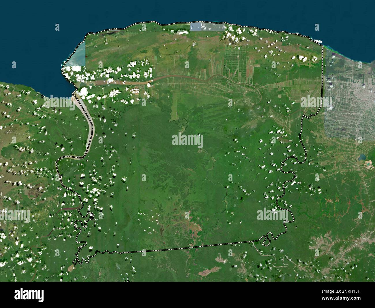 Saramacca, Bezirk Suriname. Hochauflösende Satellitenkarte Stockfoto