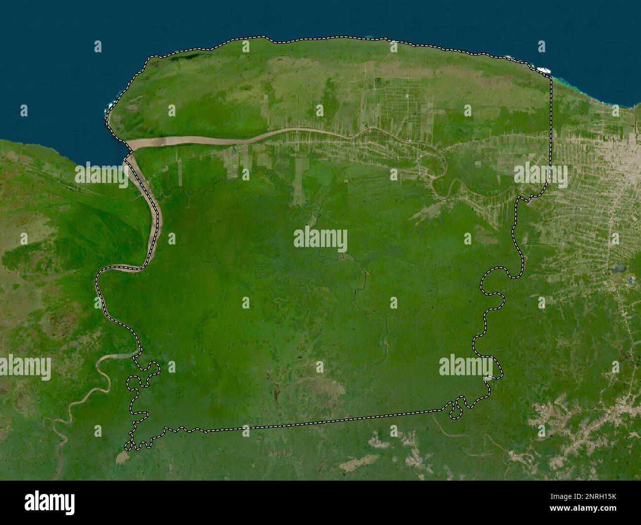 Saramacca, Bezirk Suriname. Satellitenkarte mit niedriger Auflösung Stockfoto