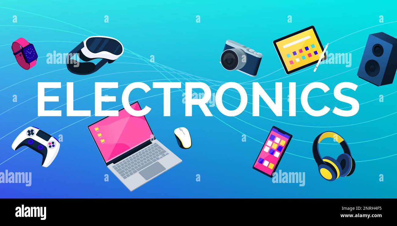 Elektronische Textelemente und verschiedene Geräte, schwimmend, Technologie und Innovationskonzept Stock Vektor