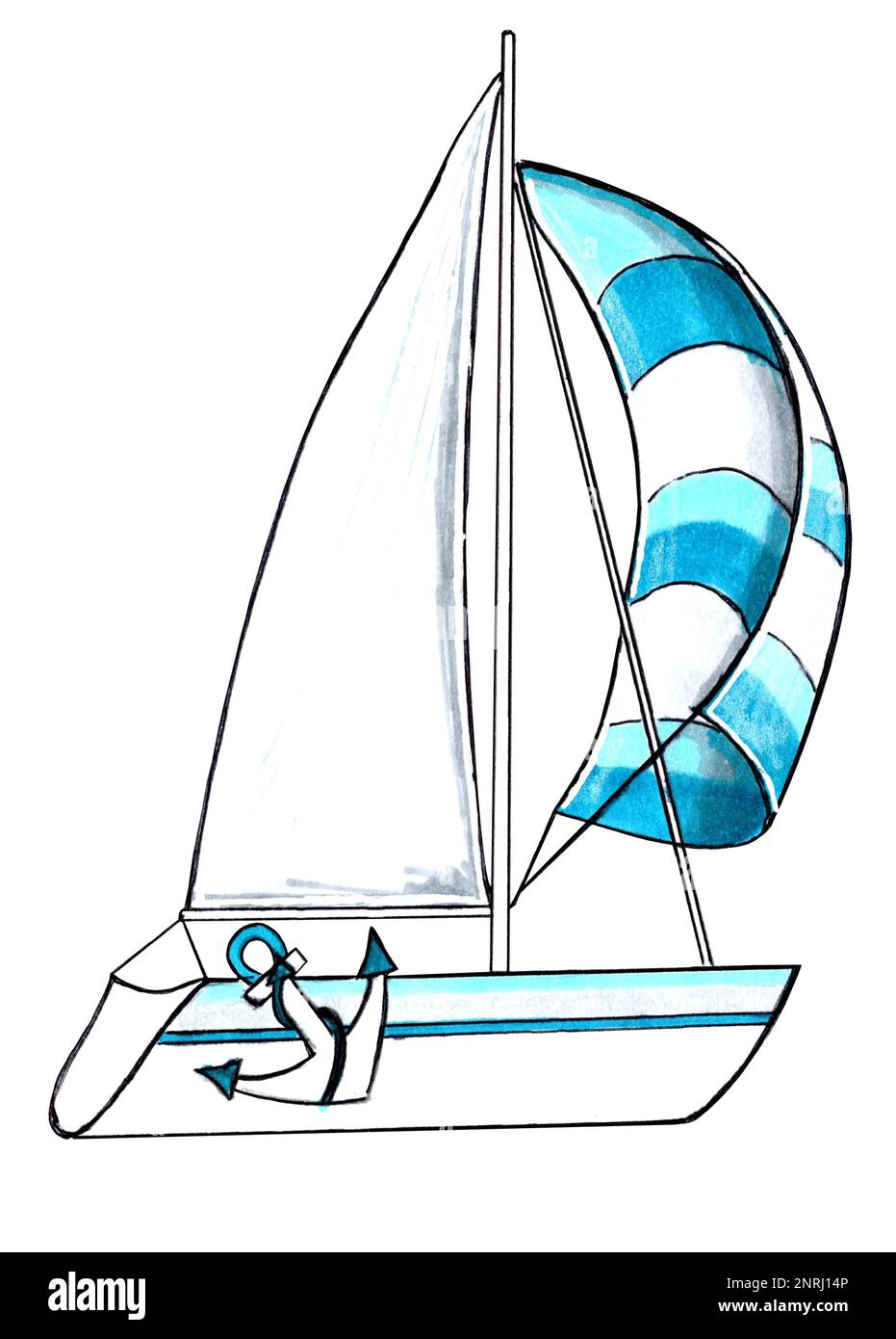 Yacht mit aquafarbenen gestreiften Segeln. JPEG-Darstellung der Unterwasserwelt. Stockfoto