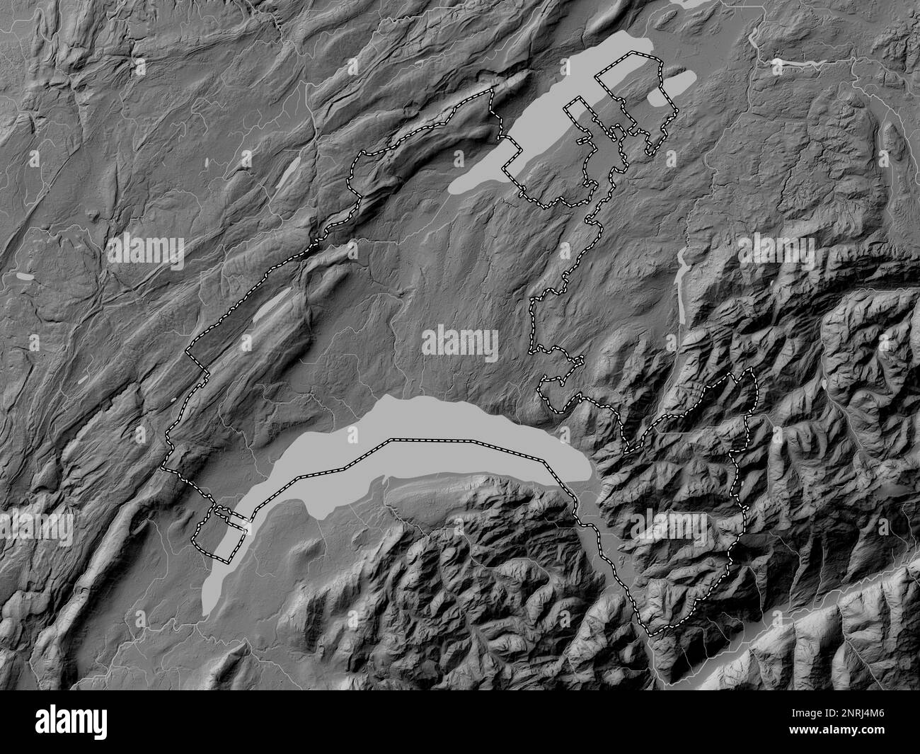 Vaud, Kanton der Schweiz. Grauskala-Höhenkarte mit Seen und Flüssen Stockfoto