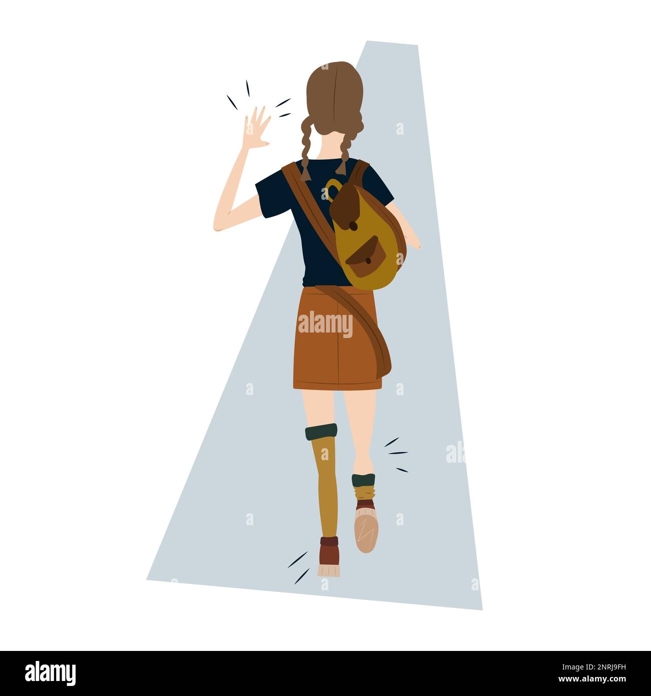 Süßes Schulmädchen läuft mit einem Rucksack auf den Schultern. Hübsches Teenager-Mädchen mit zwei Zöpfen in einem Kleid und langen Socken. Fashion Flat Illustration. Stock Vektor