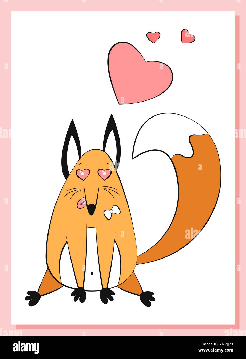 Geschenkgutschein für den Valentinstag. Lustige, handgezeichnete, verliebte Füchse. Romantische Postkarte mit rosa Herzen. Kreatives Weihnachtsdesign bis Februar 14. Stock Vektor