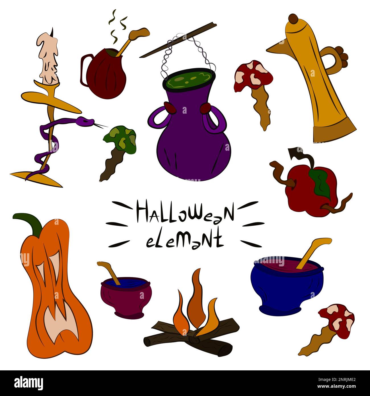 Sammlung von Hexengegenständen, Tränken, Zutaten. Halloween gruselige Elemente, Cliparts, Aufkleber. Magische Küchenutensilien. Coole Kinderabdrücke Stock Vektor