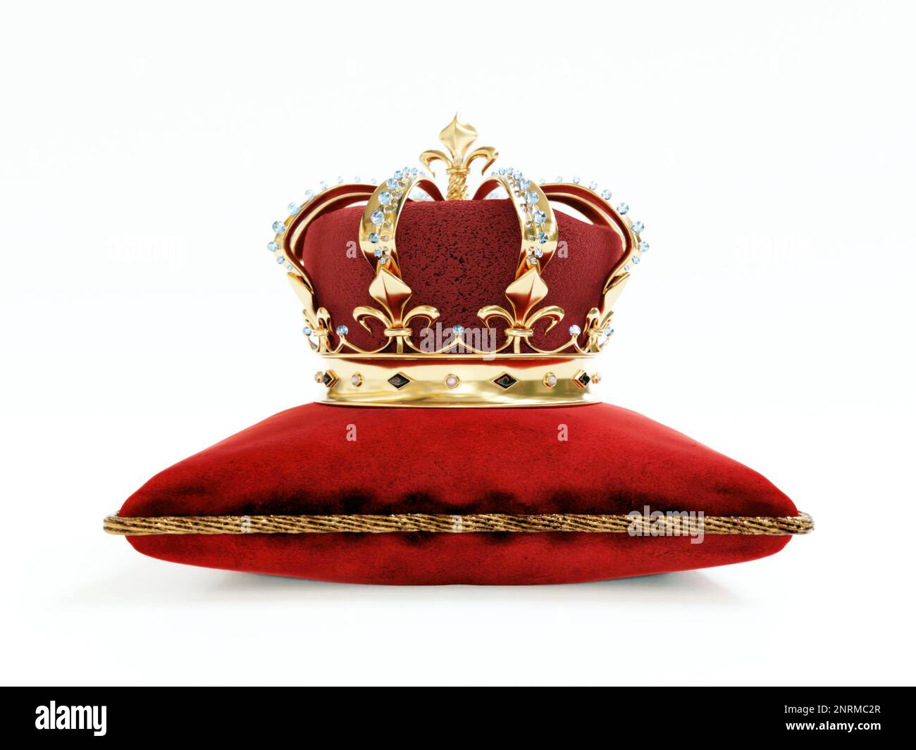 3D-Darstellung der Monarch-goldenen Krone auf rotem Samtkissen auf weißem Hintergrund Stockfoto