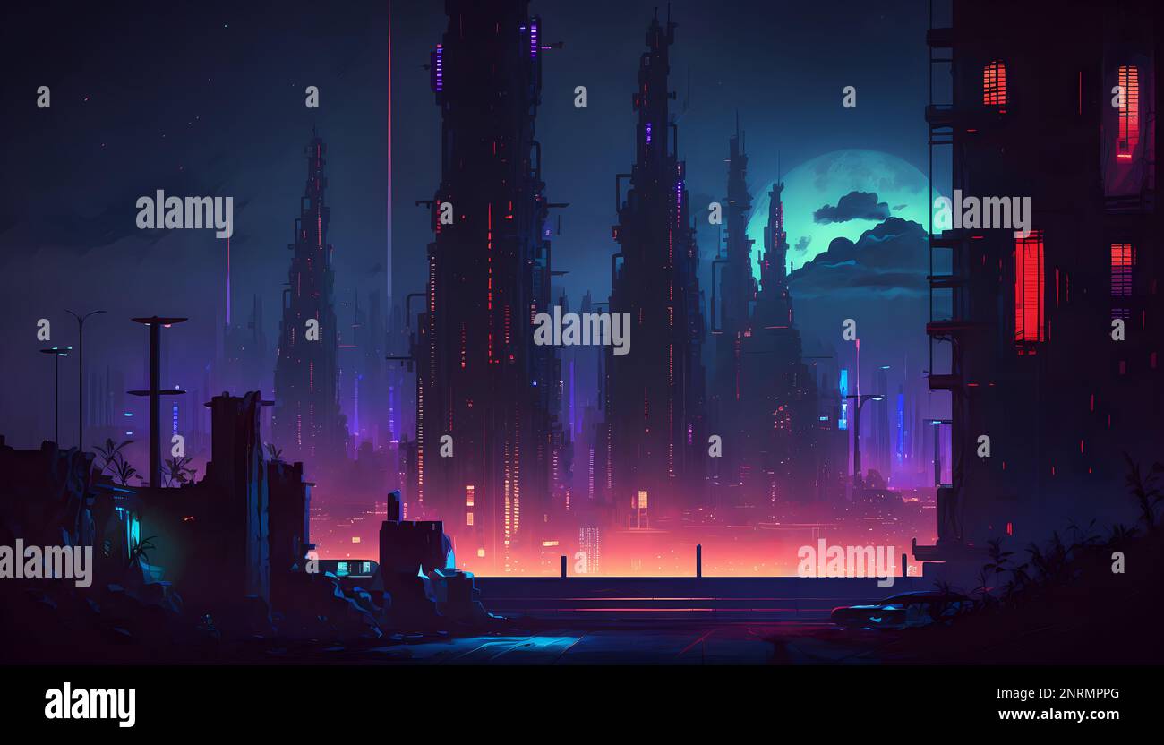 Zeichnung einer dystopischen Cyberpunk-Metropole. Unterdrückende Architektur mit hohen und dunklen Gebäuden. Generative KI. Stockfoto