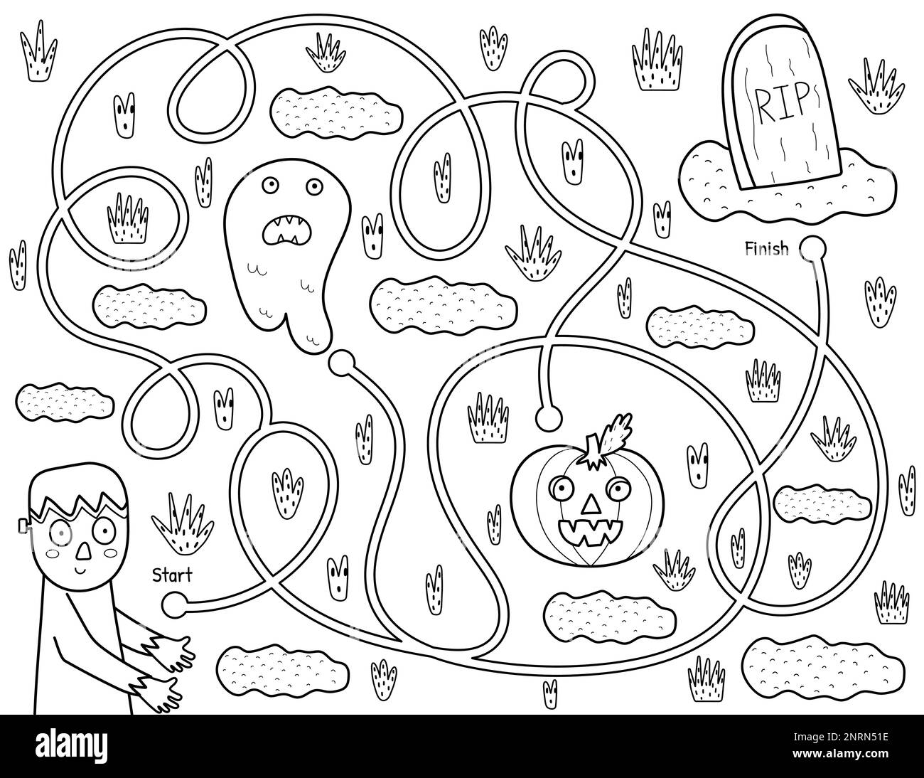 Hilf dem süßen Zombie, den Weg zum Grab zu finden. Schwarz-Weiß-Halloween-Labyrinth-Spiel Stock Vektor