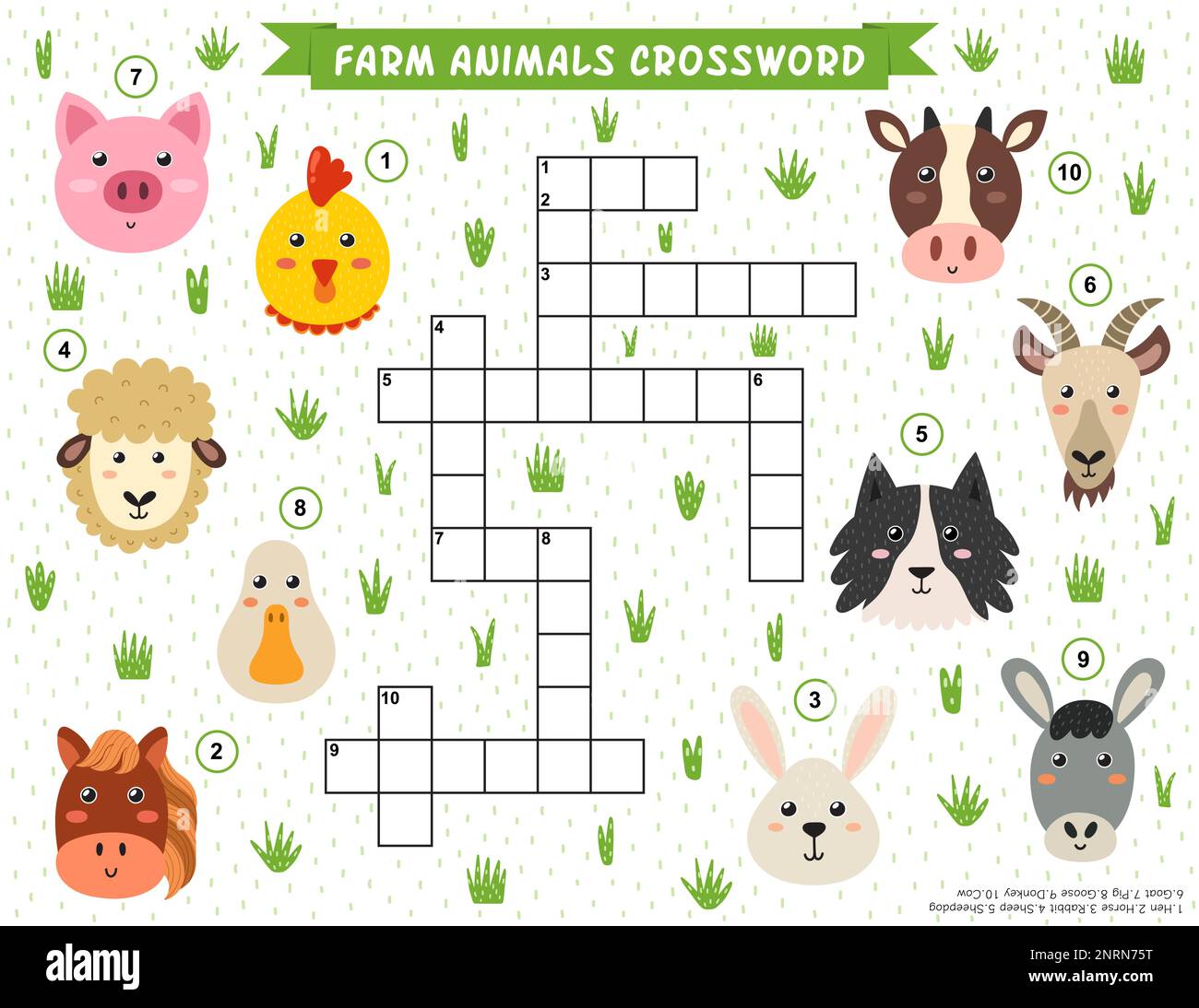 Bauernhoftiere Kreuzworträtsel für Kinder. Pädagogisches Spiel mit niedlichen Bauernfiguren Stock Vektor