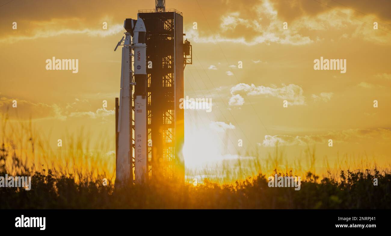 Cape Canaveral, Vereinigte Staaten von Amerika. 25. Februar 2023. Die SpaceX Falcon 9 Rakete, die das Crew Dragon Raumschiff transportiert, ist bereit für den Start auf Launch Pad 39A im Kennedy Space Center am 25. Februar 2023 in Cape Canaveral, Florida. Die sechste kommerzielle SpaceX-Besatzungsmission zur Internationalen Raumstation führt Astronauten Andrey Fedyaev von Roscosmos, Woody Hoburg, Stephen Bowen von der NASA und Sultan Alneyadi von den Vereinigten Arabischen Emiraten mit. Kredit: Joel Kowsky/NASA/Alamy Live News Stockfoto