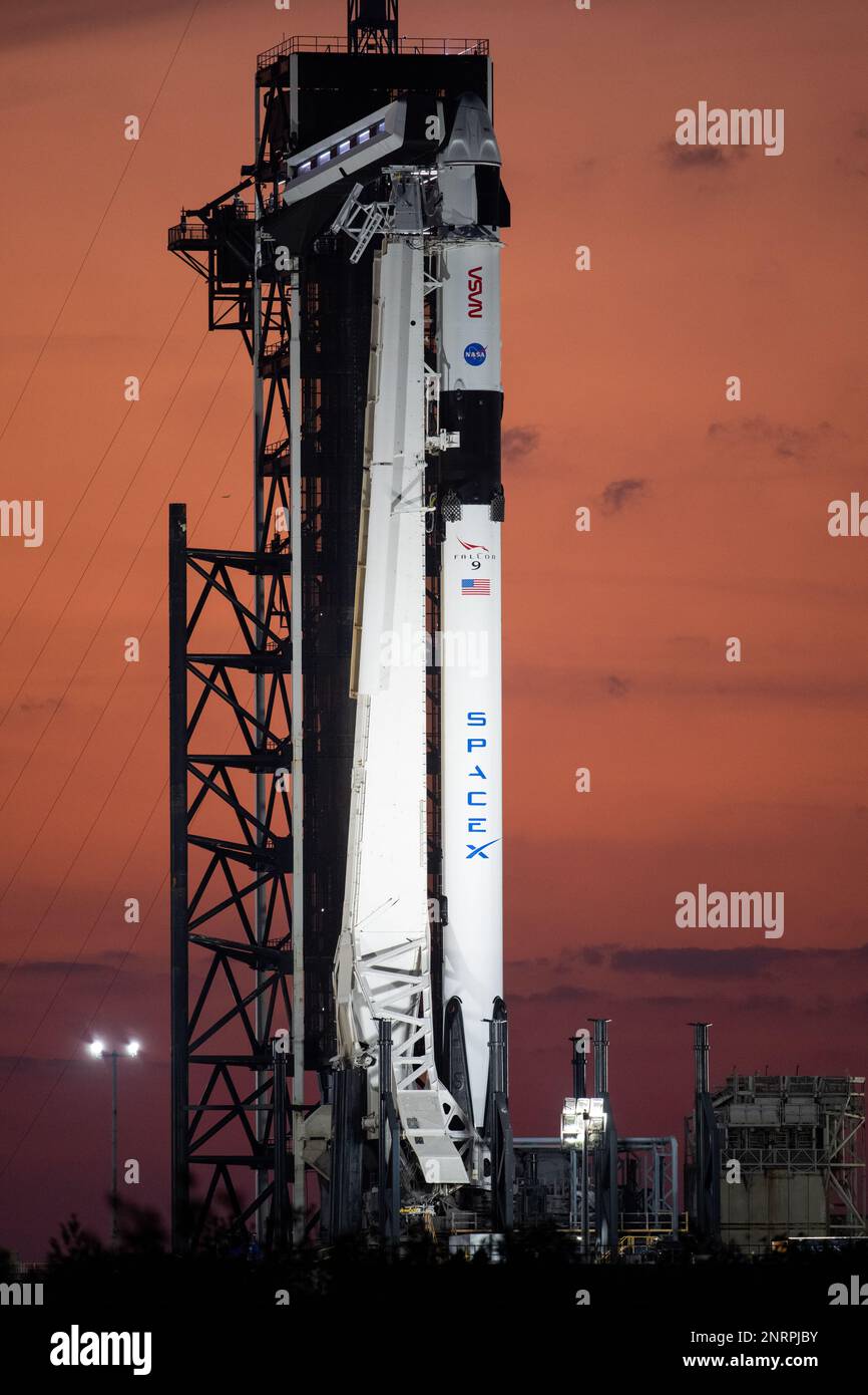 Cape Canaveral, Vereinigte Staaten von Amerika. 25. Februar 2023. Die SpaceX Falcon 9 Rakete, die das Crew Dragon Raumschiff transportiert, ist bereit für den Start auf Launch Pad 39A im Kennedy Space Center am 25. Februar 2023 in Cape Canaveral, Florida. Die sechste kommerzielle SpaceX-Besatzungsmission zur Internationalen Raumstation führt Astronauten Andrey Fedyaev von Roscosmos, Woody Hoburg, Stephen Bowen von der NASA und Sultan Alneyadi von den Vereinigten Arabischen Emiraten mit. Kredit: Joel Kowsky/NASA/Alamy Live News Stockfoto