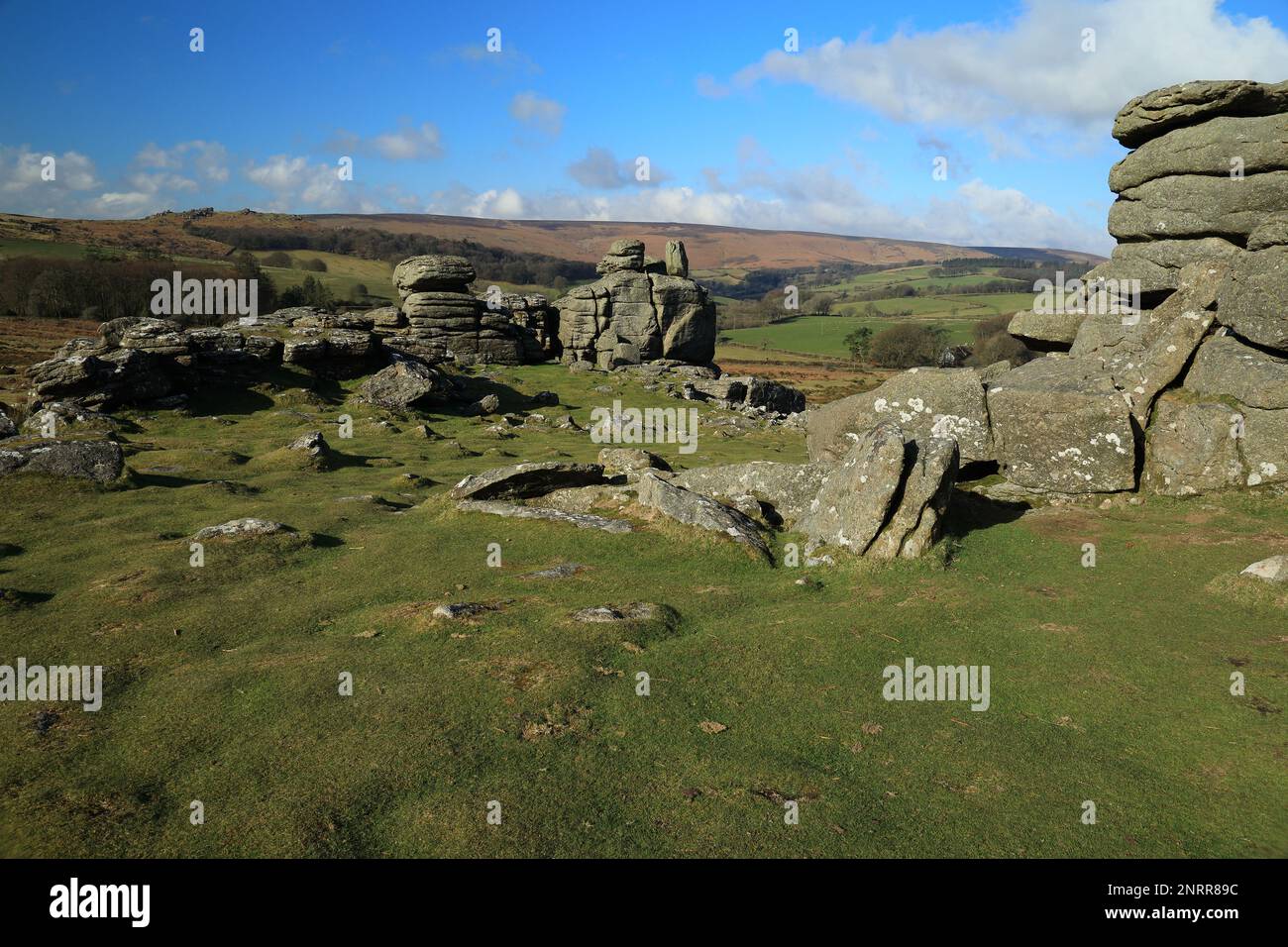 Frühlingsblick vom Hound Tor in Richtung Honeybag Tor. Dartmoor, Devon, England, Großbritannien Stockfoto