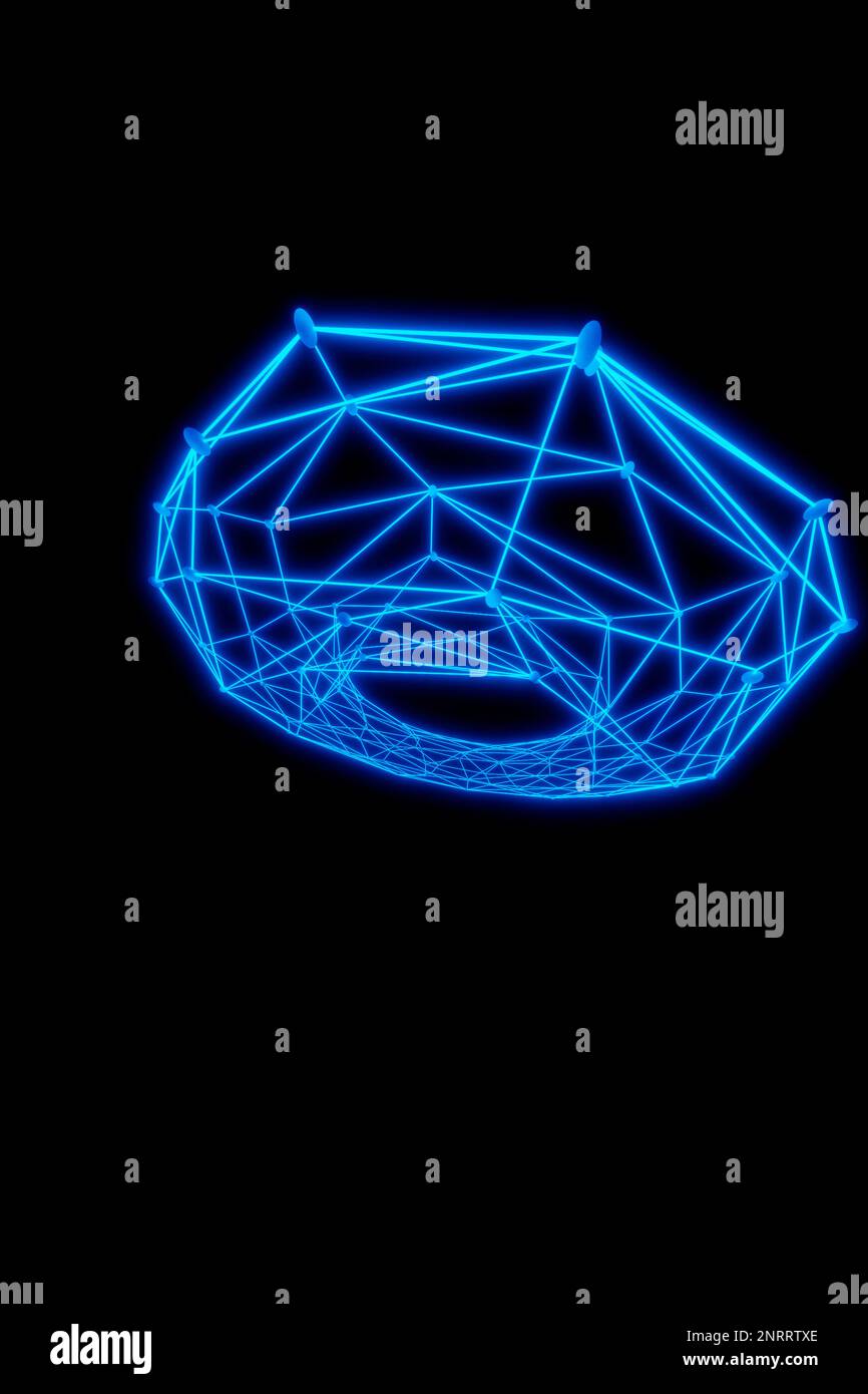 3D-Darstellung Torus-Polygon, abstrakt geformt aus Dreiecken, die durch Linien und Punkte verbunden sind, um die Drahtmodell-Hintergrundgeometrie zu strukturieren Stockfoto