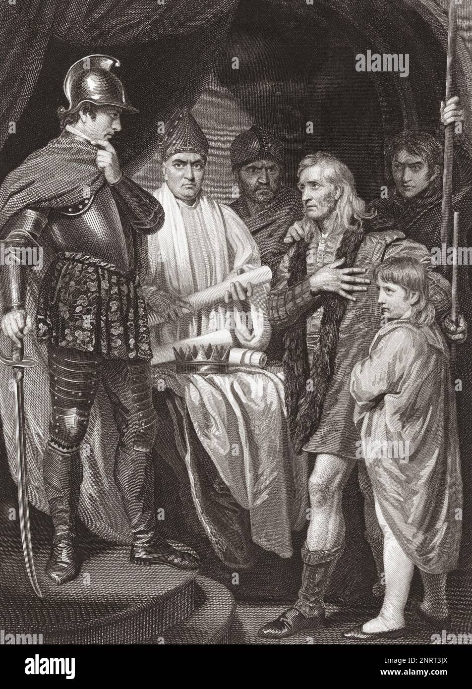 John Balliol, König von Schottland, übergibt seine Krone Edward I. von England. 10. Juli 1296. Nach einem Abdruck von James Parker aus dem Gemälde von John Opie, das ursprünglich in der von 1793 bis 1806 erschienenen Robert Bowyer's Historic Gallery zu sehen war. Stockfoto