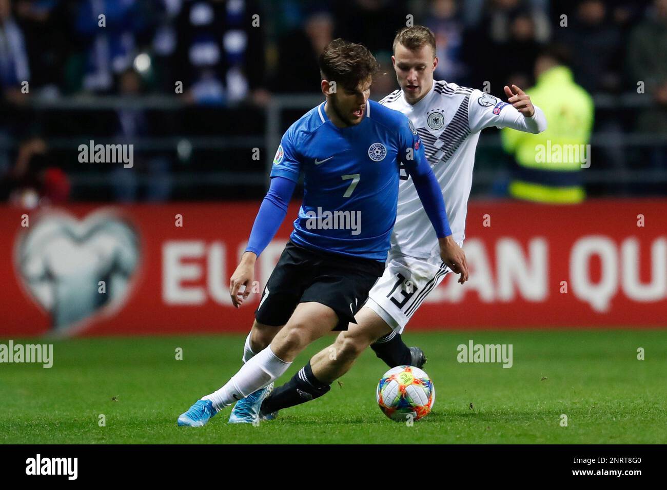 TALLINN, ESTONIA - OCTOBER 13: forward Frank Liivak of Estonia National Team and midfielder Lukas Klostermann of Germany National team in action during UEFA EURO 2020 Qualifying match - Estonia v Germany on October 12, 2019, at Le Coq Arena in Tallinn, Estonia. (Photo by Anatoliy Medved/Icon Sportswire) (Icon Sportswire via AP Images) Stockfoto