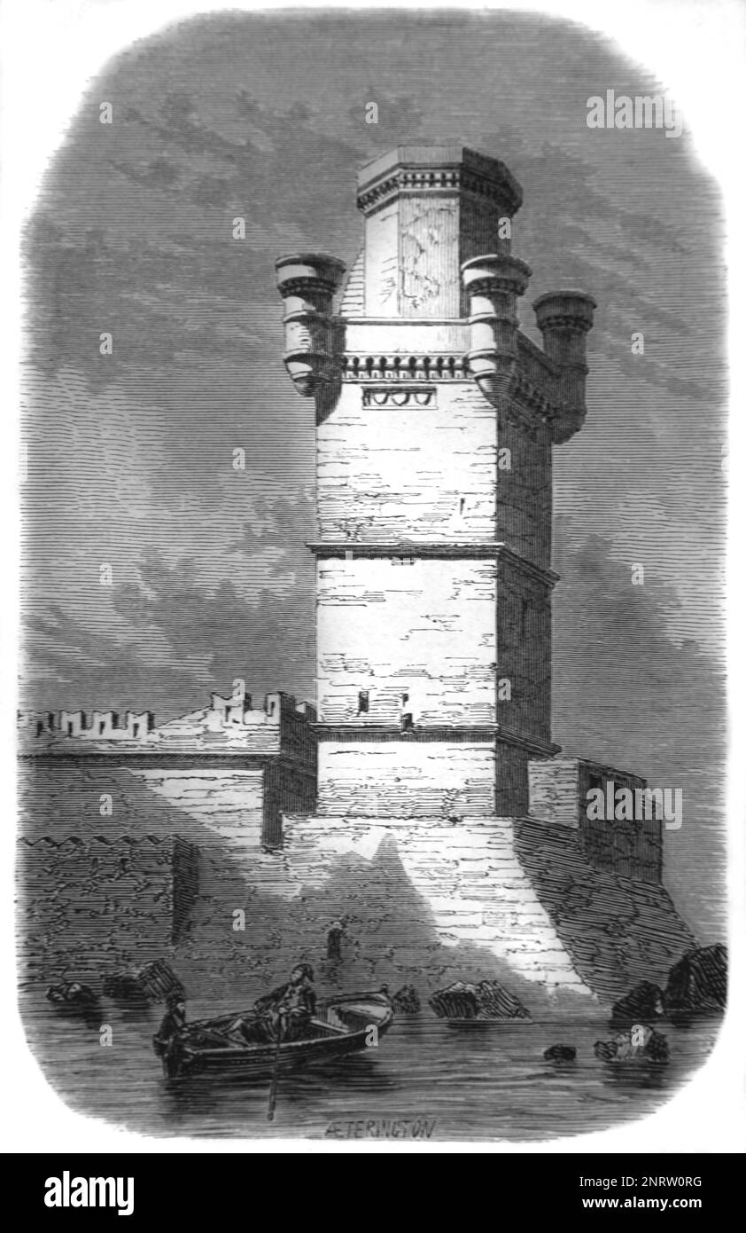 St. Michael's Tower oder Naillac Tower (1396-1421), der durch das Erdbeben vom 22. April 1863 beschädigt und später abgerissen wurde, an den Stadtmauern und Hafen von Rhodos Griechenland. Vintage-Gravur oder Abbildung 1862 Stockfoto