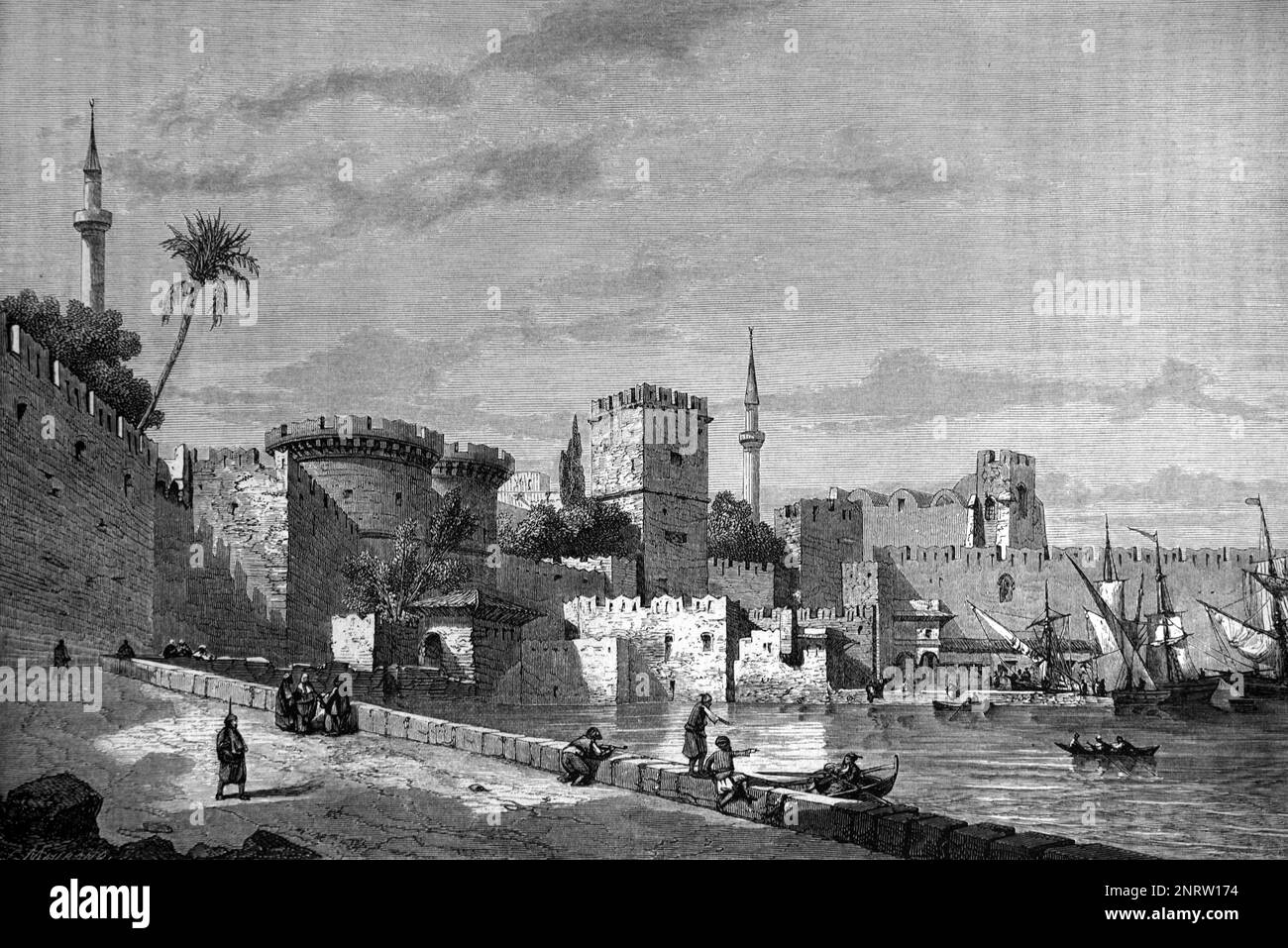 Frühe Sicht auf die befestigte Stadt Rhodos mit ihrem alten Hafen oder Hafen, Stadtmauern und Aubusson Tor oder Stadttor Rhodos Stadt Griechenland. Vintage-Gravur oder Abbildung 1862 Stockfoto