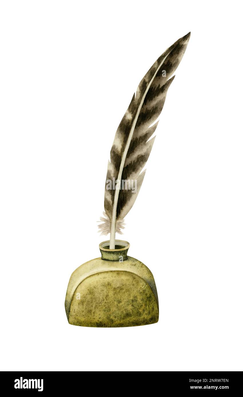 Wasserbrauner Federfederstift in Tintenstrahlflasche. Tintenbehälter in altem Gold aus dem 19. Jahrhundert für Poesie- oder Abenteuermotive Stockfoto