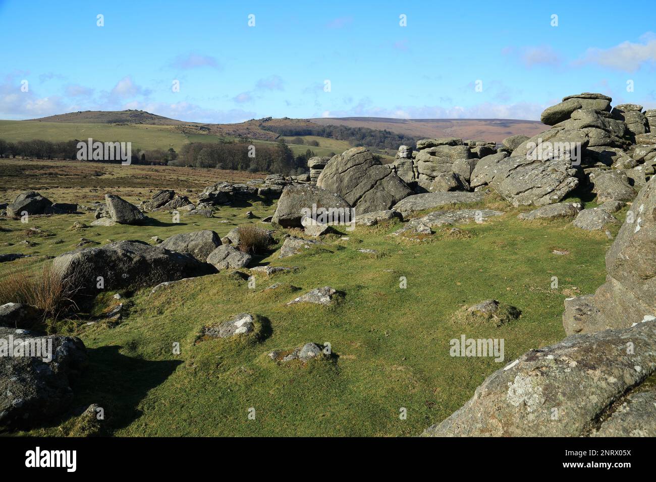 Frühlingsblick vom Hound Tor in Richtung Honeybag Tor. Dartmoor, Devon, England, Großbritannien Stockfoto
