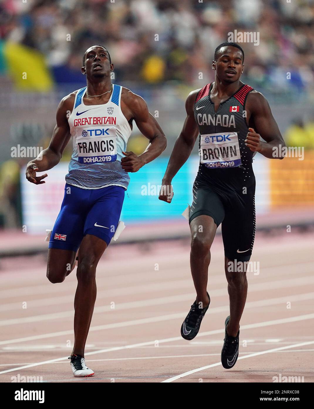 September 29, 2019: Aaron Brown of Canada and Miguel Francis of United Kingdom competing in the 200 meter for men during the 17th IAAF World Athletics Championships at the Khalifa Stadium in Doha, Qatar. Ulrik Pedersen/CSM.(Credit Image: © Ulrik Pedersen/CSM via ZUMA Wire) (Cal Sport Media via AP Images) Stockfoto