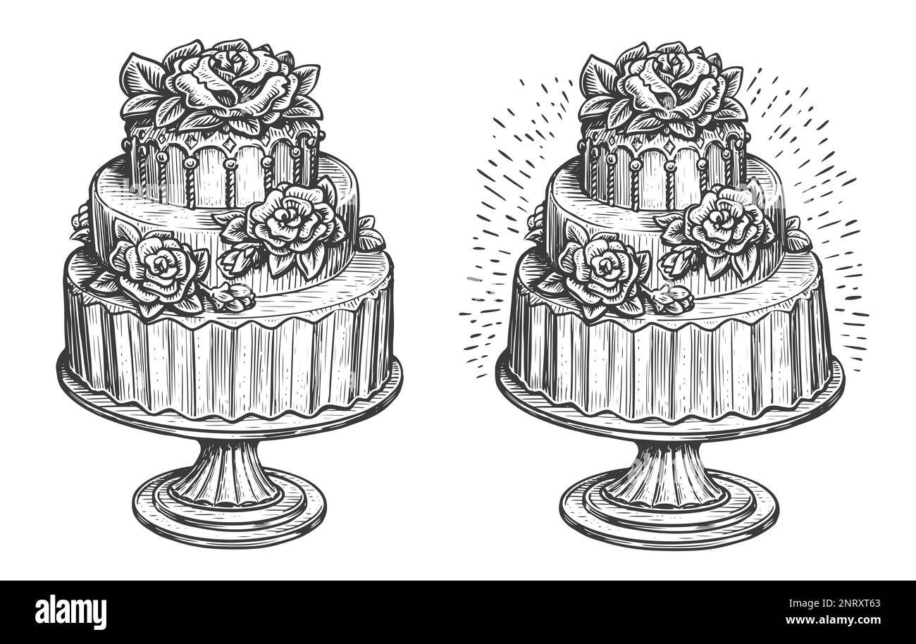 Dreistufige Hochzeitstorte mit Rosen und Blumen auf einem Holzständer. Dessert, süßes Essen, Skizze Stockfoto