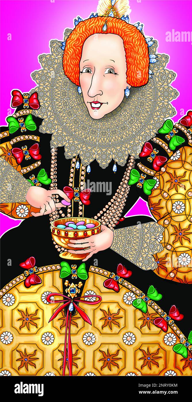Kunst, Illustration, Cartoon einer lächelnden Tudor-Königin Elizabeth I, die gezuckerte Mandeln isst, das aufwendige Kleid ist eine humorvolle Version des Pelican Portrait Stockfoto