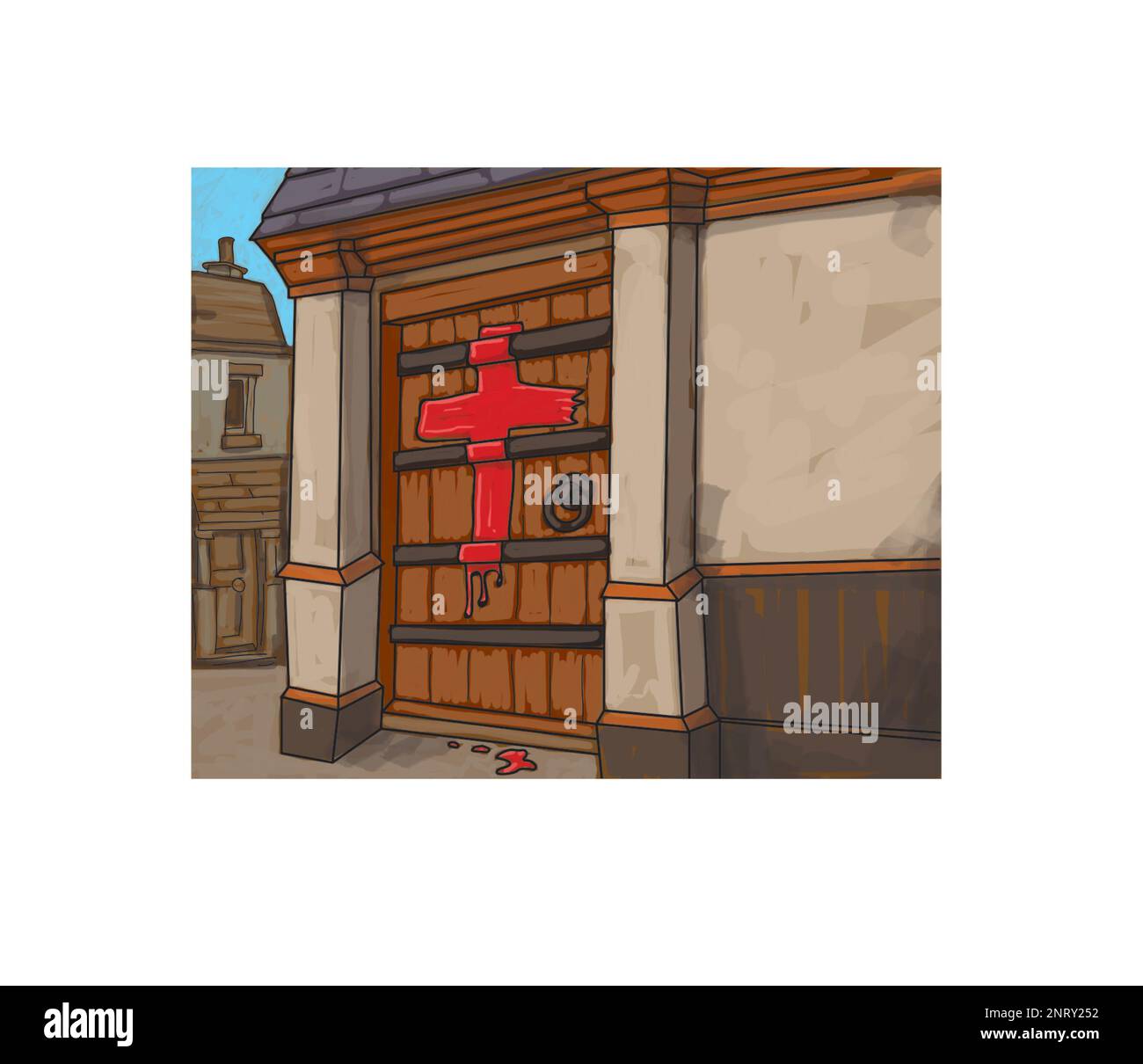 Kunstdarstellung, die eine mittelalterliche Holztür zeigt, die mit einem roten Kreuz markiert ist, um anzuzeigen, dass die Bewohner die Pest, Geschichte, Medizin, Covid-19 hatten. Stockfoto