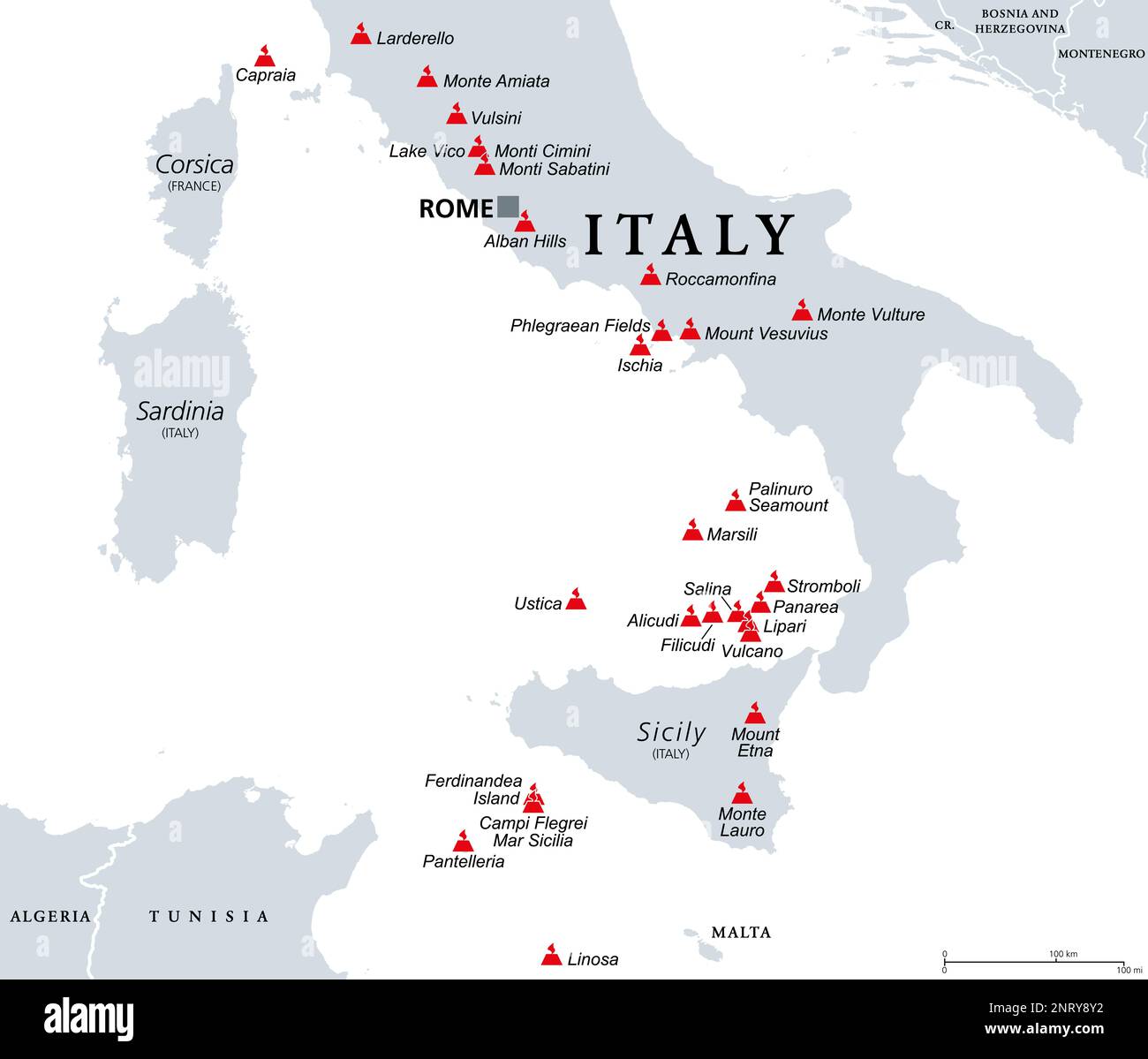 Italien, aktive und ausgestorbene Vulkane, politische Karte. Aktive, ruhende und unter Wasser lebende Vulkane in Italien, einem vulkanisch sehr aktiven Land. Stockfoto
