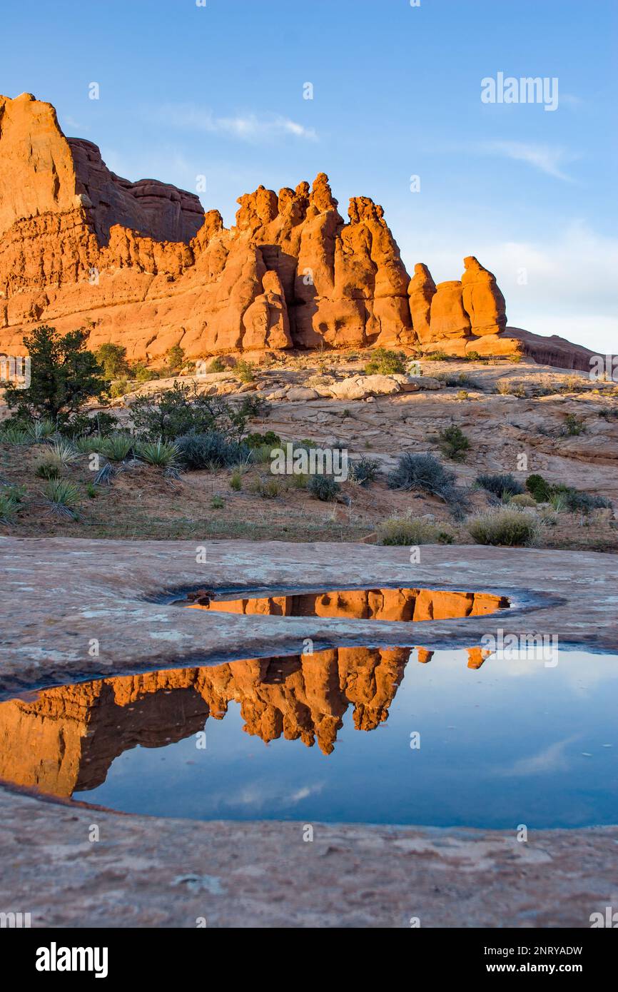 Die Entrada-Sandsteinformationen der Navajo-Felsen spiegeln sich in einem temporären Pool in Navajo-Sandstein bei Moab, Utah, wider. Stockfoto