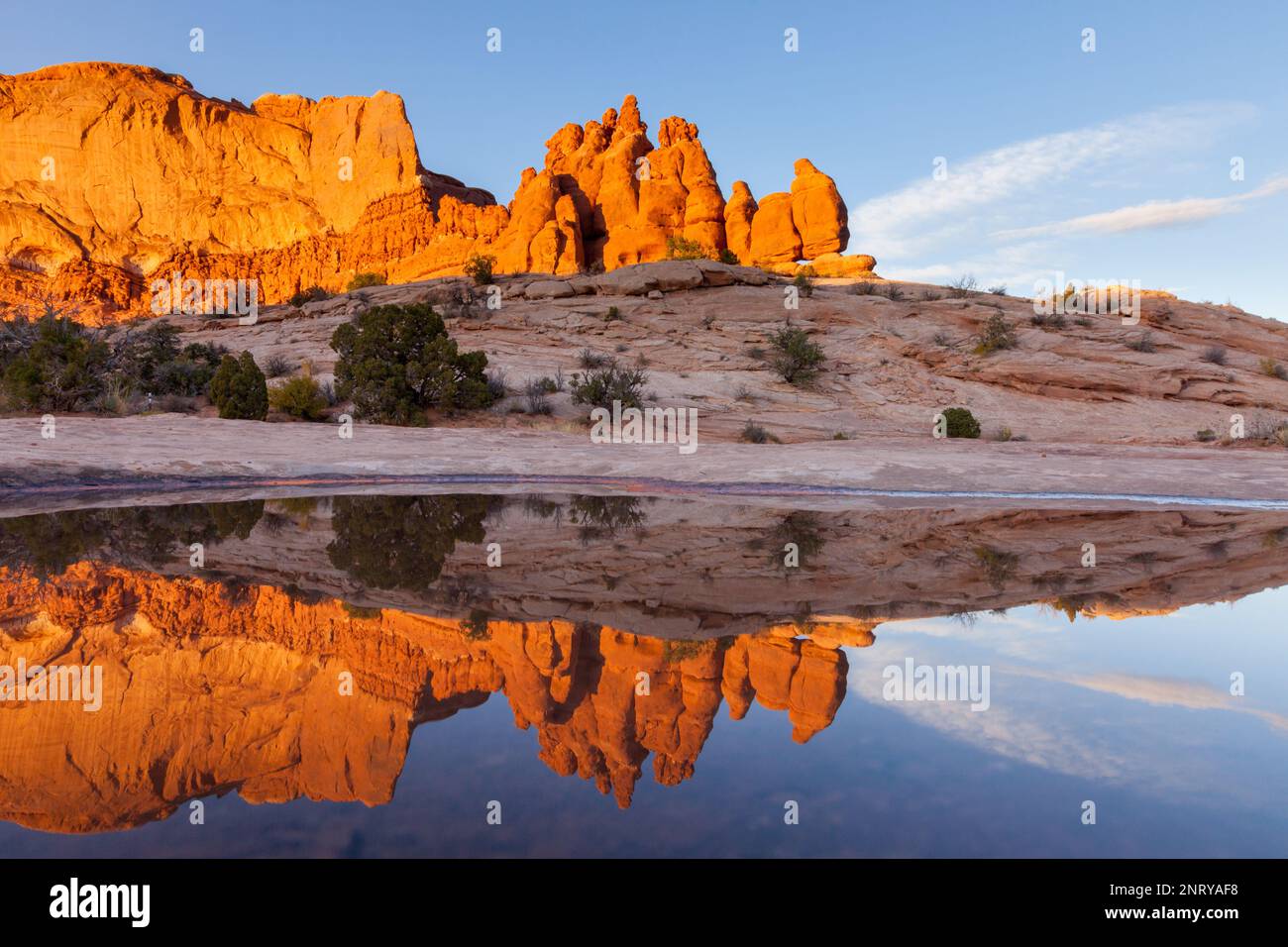 Die Entrada-Sandsteinformationen der Navajo-Felsen spiegeln sich in einem temporären Pool in Navajo-Sandstein bei Moab, Utah, wider. Stockfoto