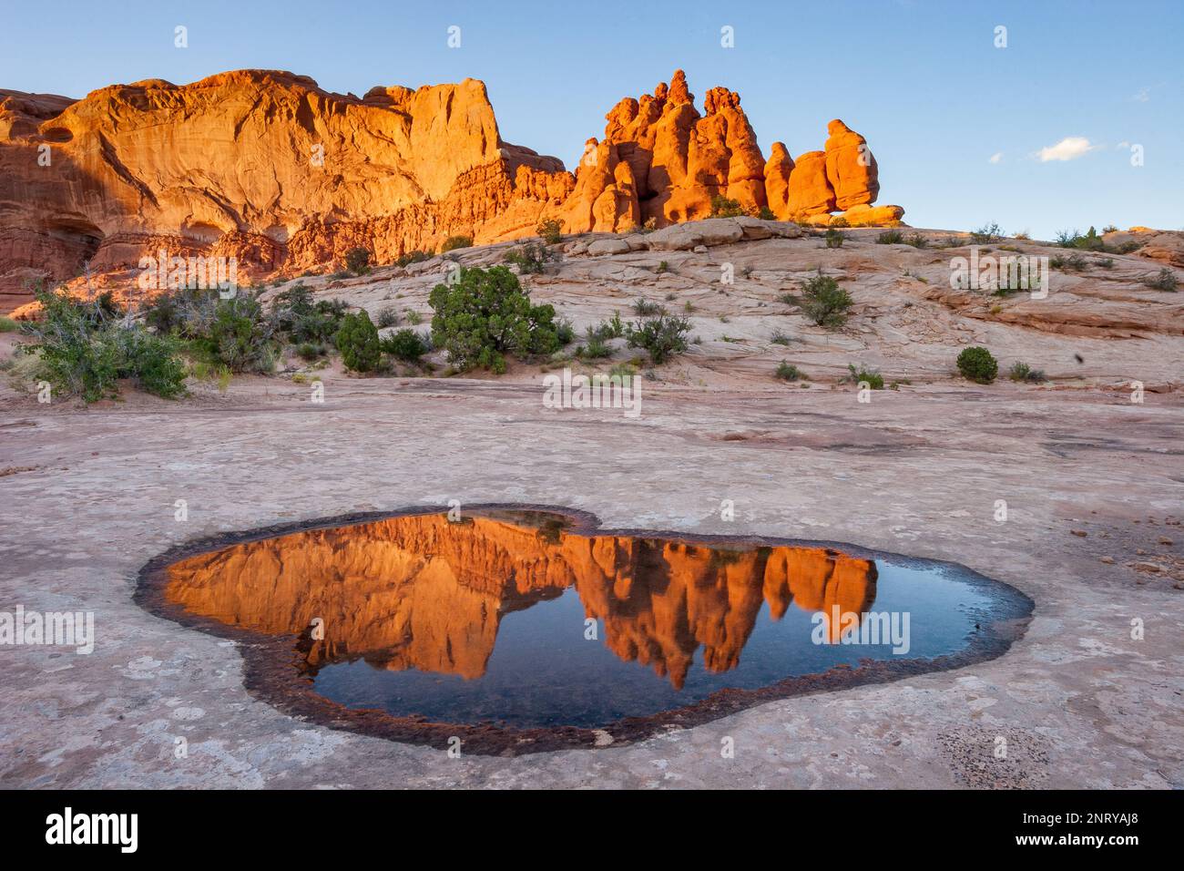 Die Entrada-Sandsteinformationen der Navajo-Felsen spiegeln sich in einem temporären Pool in Navajo-Sandstein bei Moab, Utah, wider. Stockfoto