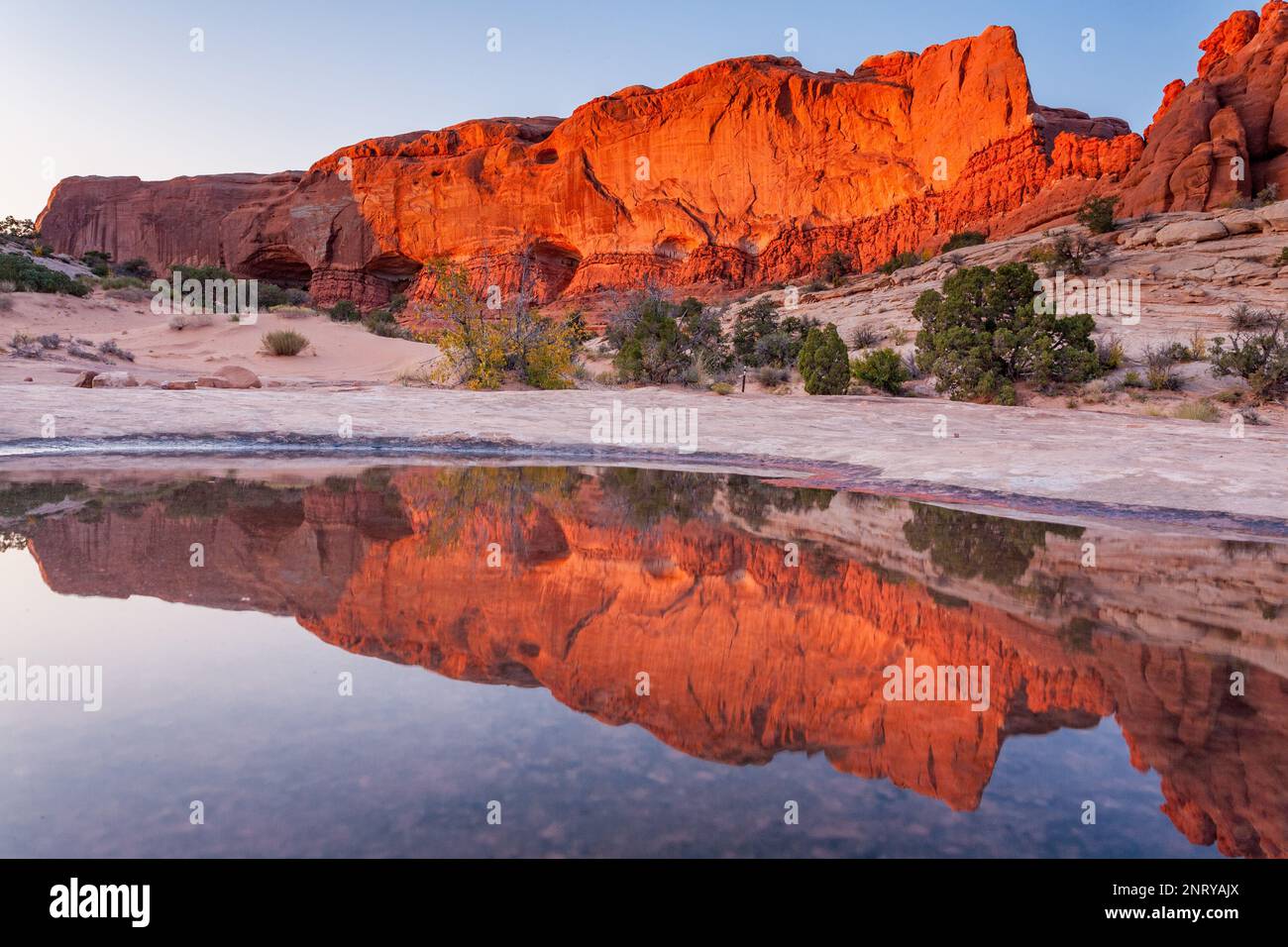 Die Entrada-Sandsteinformationen der Navajo-Felsen spiegeln sich in einem temporären Pool in Navajo-Sandstein bei Moab, Utah, wider. Stockfoto