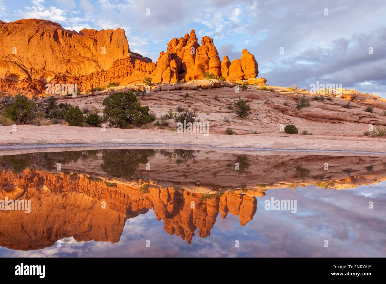Die Entrada-Sandsteinformationen der Navajo-Felsen spiegeln sich in einem temporären Pool in Navajo-Sandstein bei Moab, Utah, wider. Stockfoto