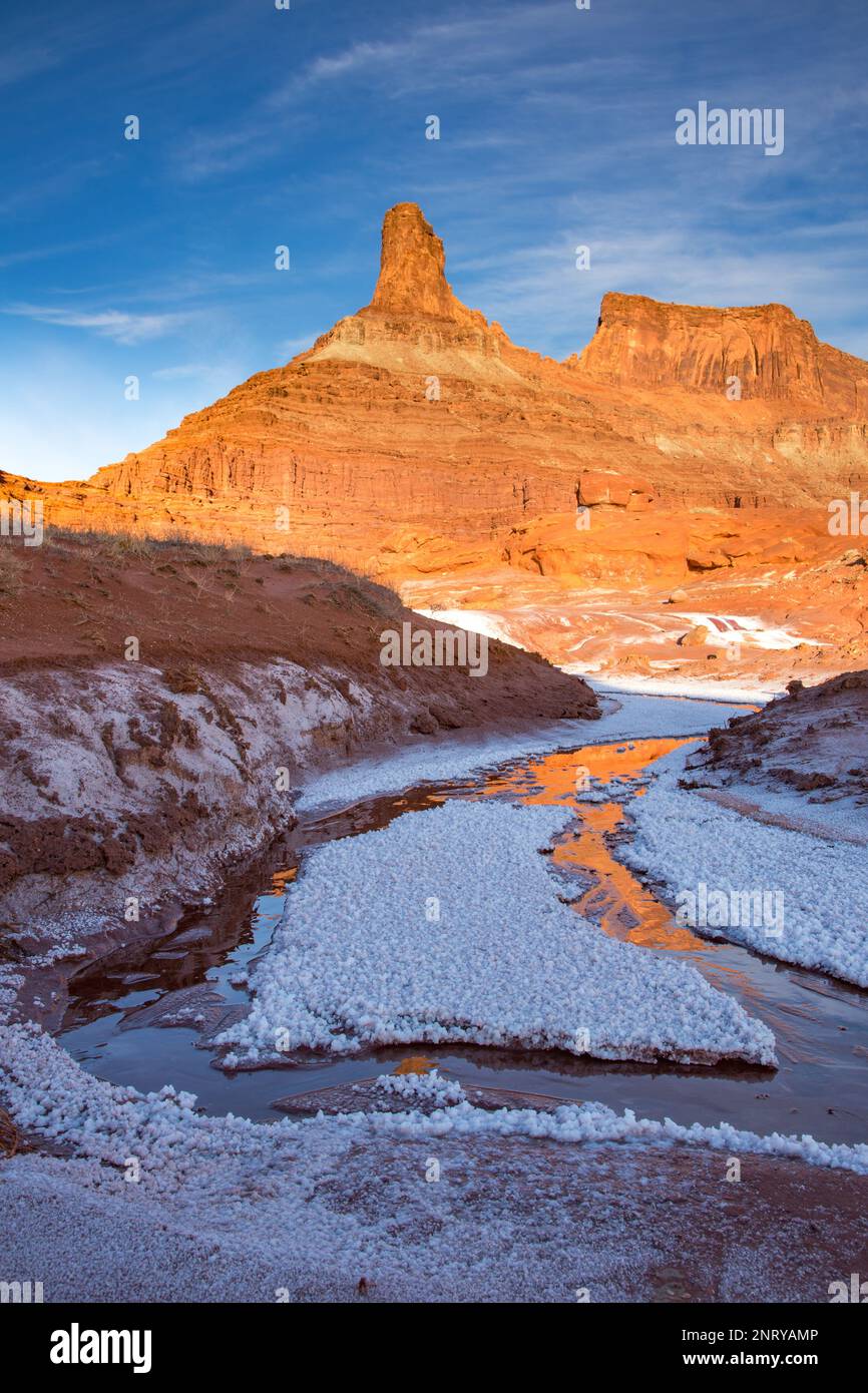 Kalium- und Salzkristalle bilden sich entlang des Randes eines Mineral Seep bei Moab, Utah, mit einem Wingate Sandstein butte dahinter. Stockfoto