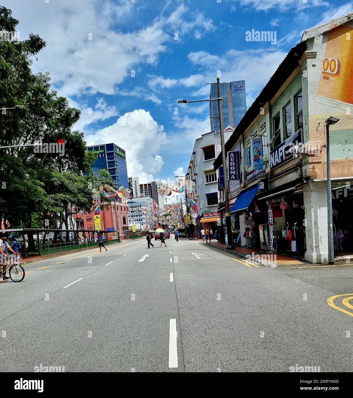 Little India ist eine lebendige kulturelle Enklave mit Tempeln und Moscheen, Straßenkunst und bunt bemalten Kaufhäusern. Entlang der Hauptstraße, der Serangoon Road, befinden sich unaufdringliche Kantinen und angesagte Restaurants neben Geschäften, die Goldschmuck, bunte Seide und frische Blumengirlanden verkaufen. Das nahe gelegene Mustafa Centre heißt Besucher von 24/7 willkommen. Das ethnische Viertel ist während der hinduistischen Feierlichkeiten wie dem Lichterfestival von Deepavali am lebendigsten. Singapur. Stockfoto