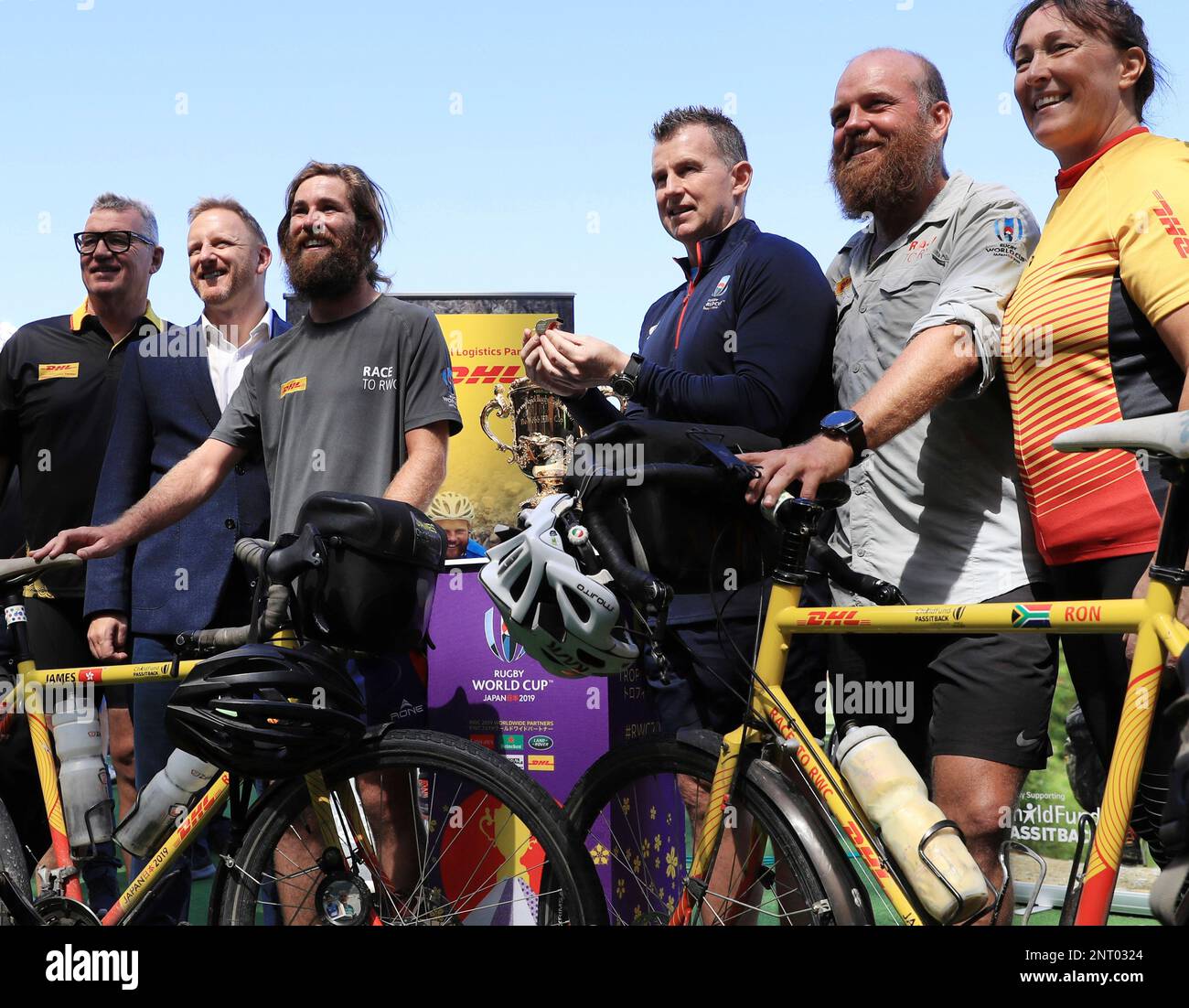Nigel Owens (C), a Welsh international rugby union referee, receives a