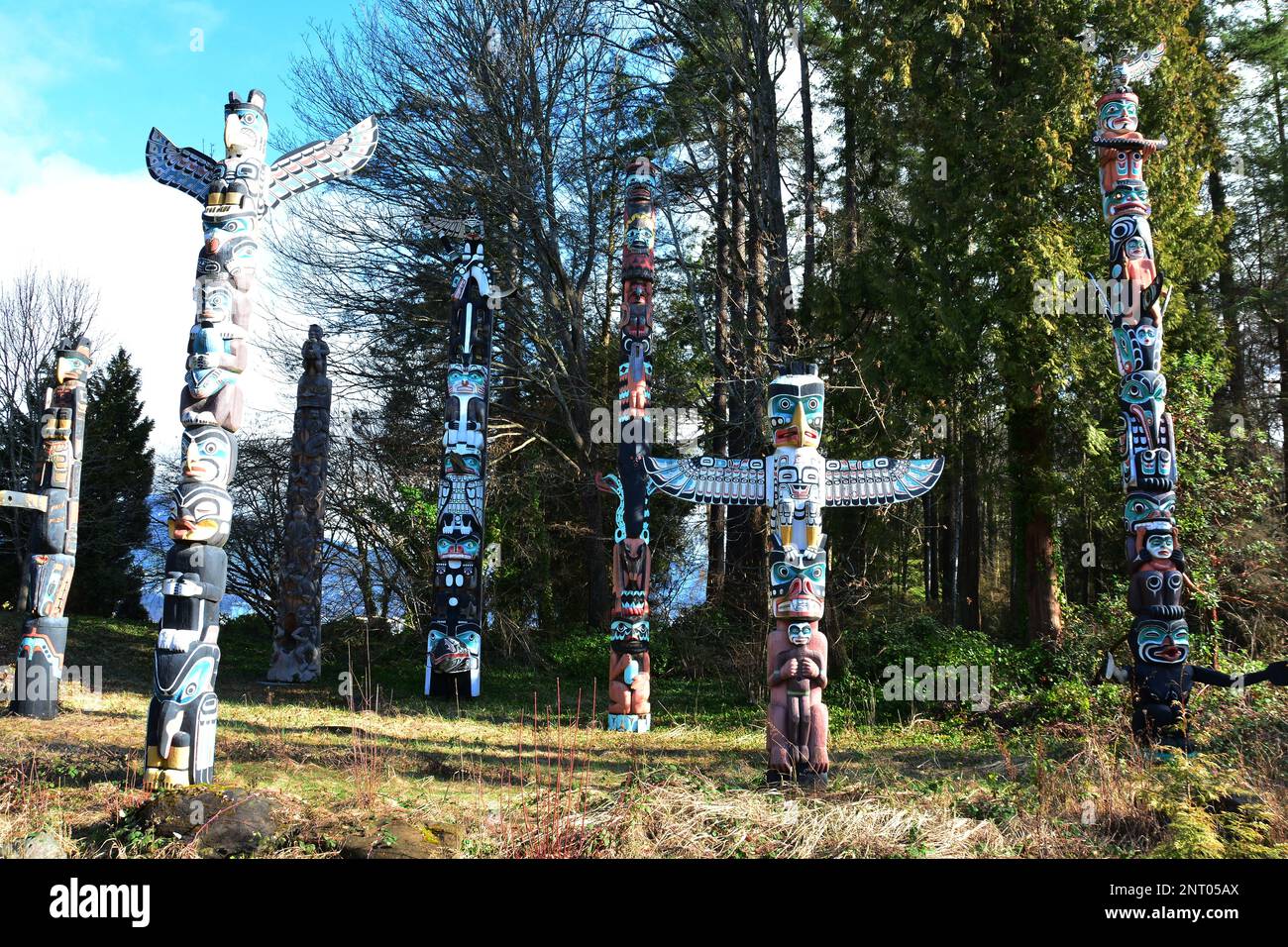Die Totem Pole of Stanley Park in Vancouver BC, Kanada Stockfoto