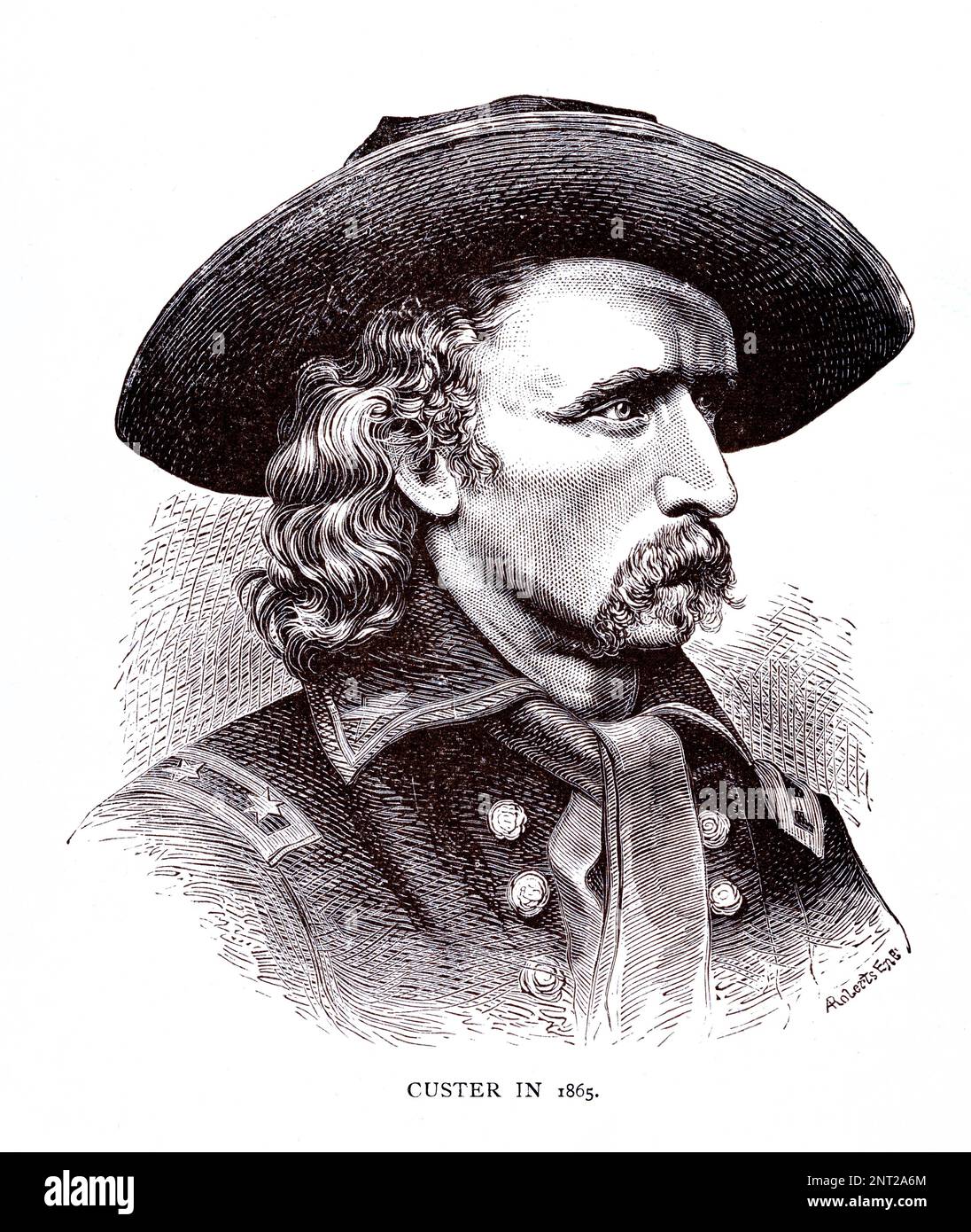 General George Armstrong Custer, 1839 – 1876, war im Amerikanischen Bürgerkrieg Offizier und Kavalleriebefehlshaber der US-Armee, eine alte Illustration aus dem Jahr 1865 Stockfoto
