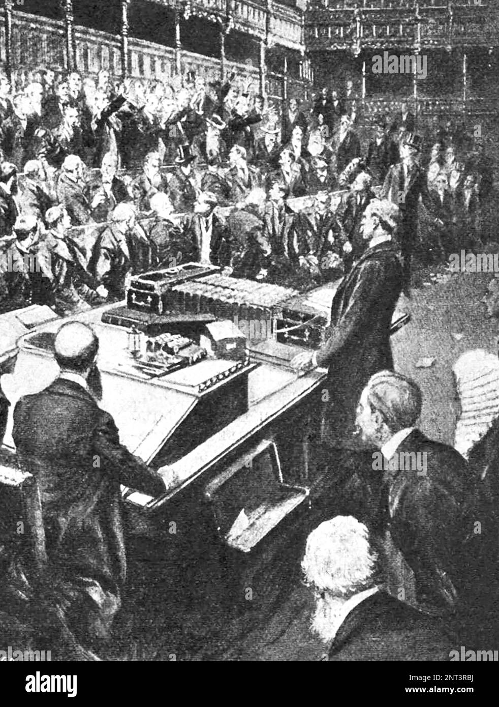 Im englischen Parlament begrüßen die irischen Abgeordneten freudig die Nachricht über den Sieg der Boers und die Gefangennahme von General Methuen. Abbildung von 1902. Stockfoto