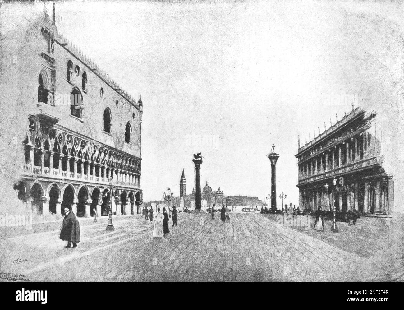 Piazzetta neben St. Markusplatz, wo sich der Dogenpalast befindet. Kopie eines Gemäldes aus dem 19. Jahrhundert. Stockfoto