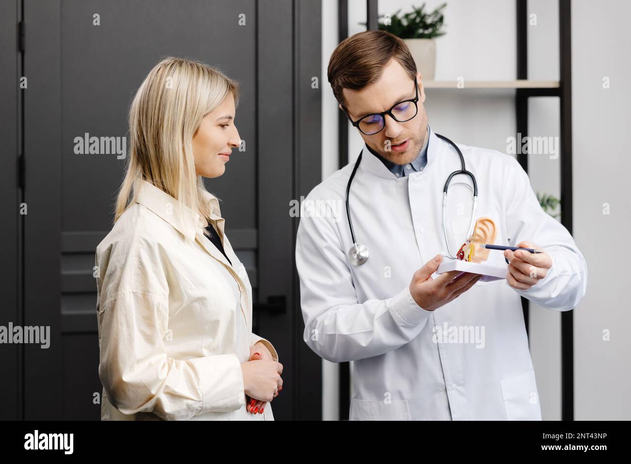 Ein junger attraktiver HalsNasenOhrenArzt zeigt ein Modell des Ohres und informiert den