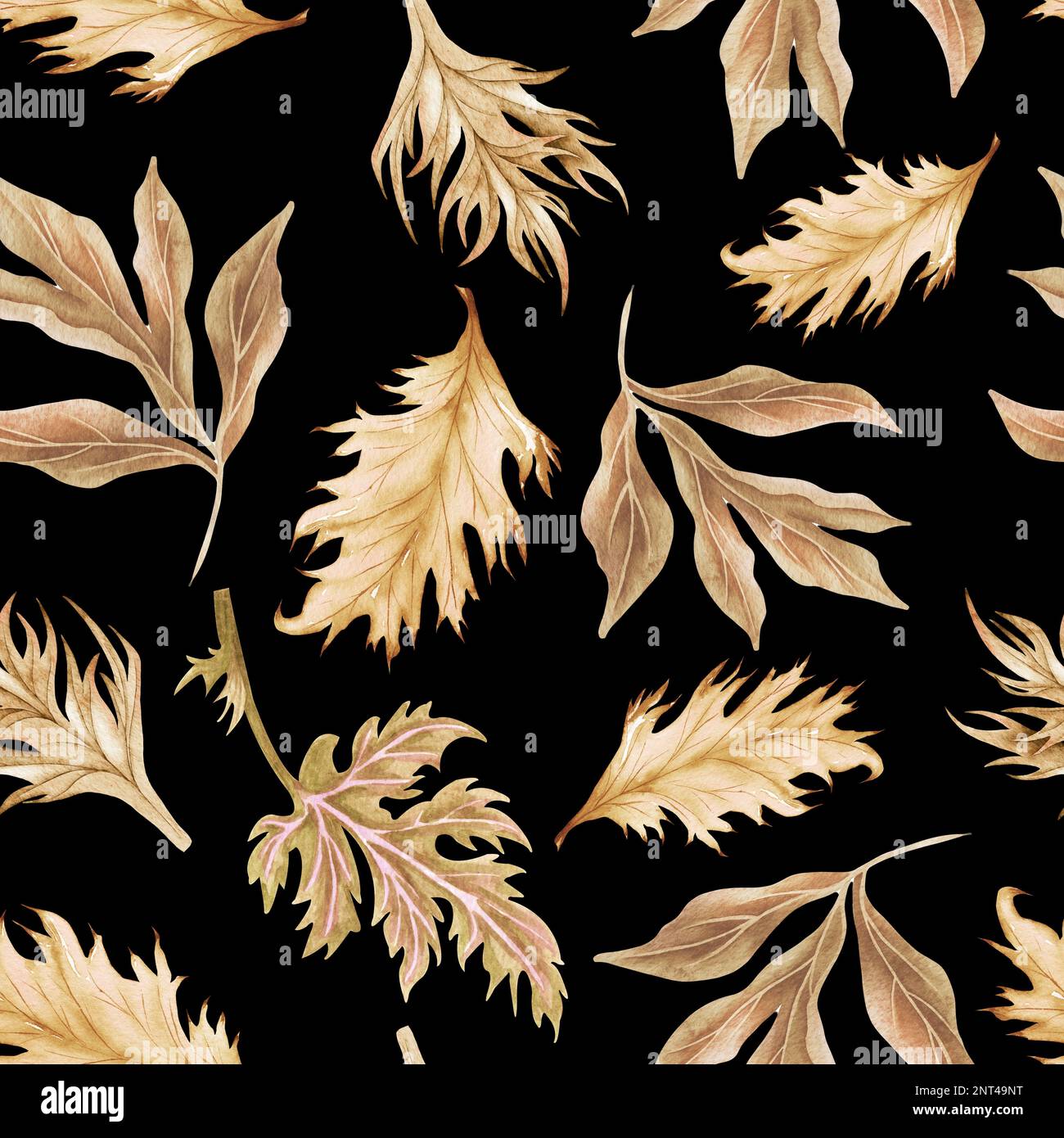 Wasserfarbenes, nahtloses Muster für trockenen Zweig und Blätter. Handbemalte Bo-Bo-Blätter. Blumenmotiv für Design, Druck, Stoff oder Hintergrund. Stockfoto