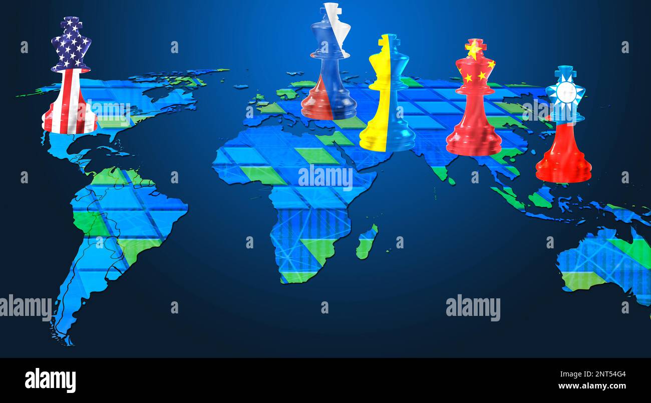 World View of war with USA, China, Ukraine, and Taiwan. Stockfoto