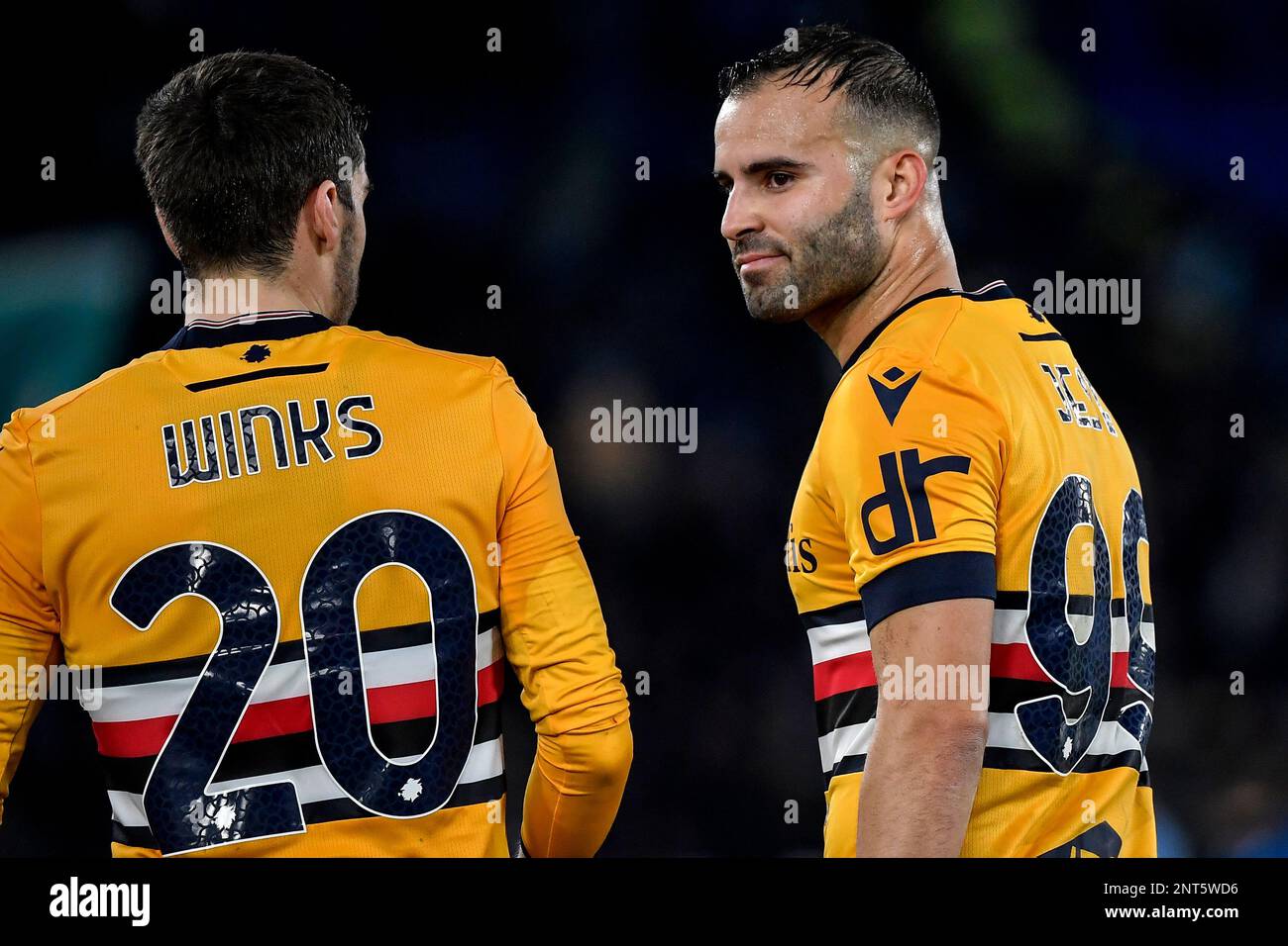 Rom, Italien. 27. Februar 2023. Harry Winks und Jese Rodriguez von UC Sampdoria sprechen am Ende des Fußballspiels der Serie A zwischen SS Lazio und UC Sampdoria im Olimpico Stadion in Rom (Italien) am 27. Februar 2023. Foto Andrea Staccioli/Insidefoto Credit: Insidefoto di andrea staccioli/Alamy Live News Stockfoto