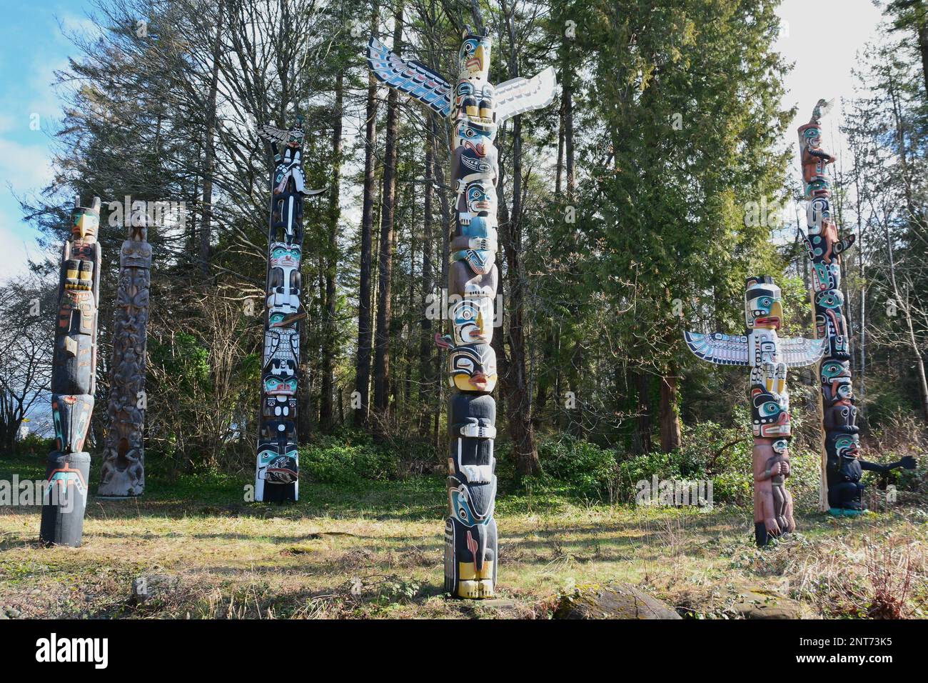 Die Totems des Stanley Park in Vancouver BC, Kanada Stockfoto
