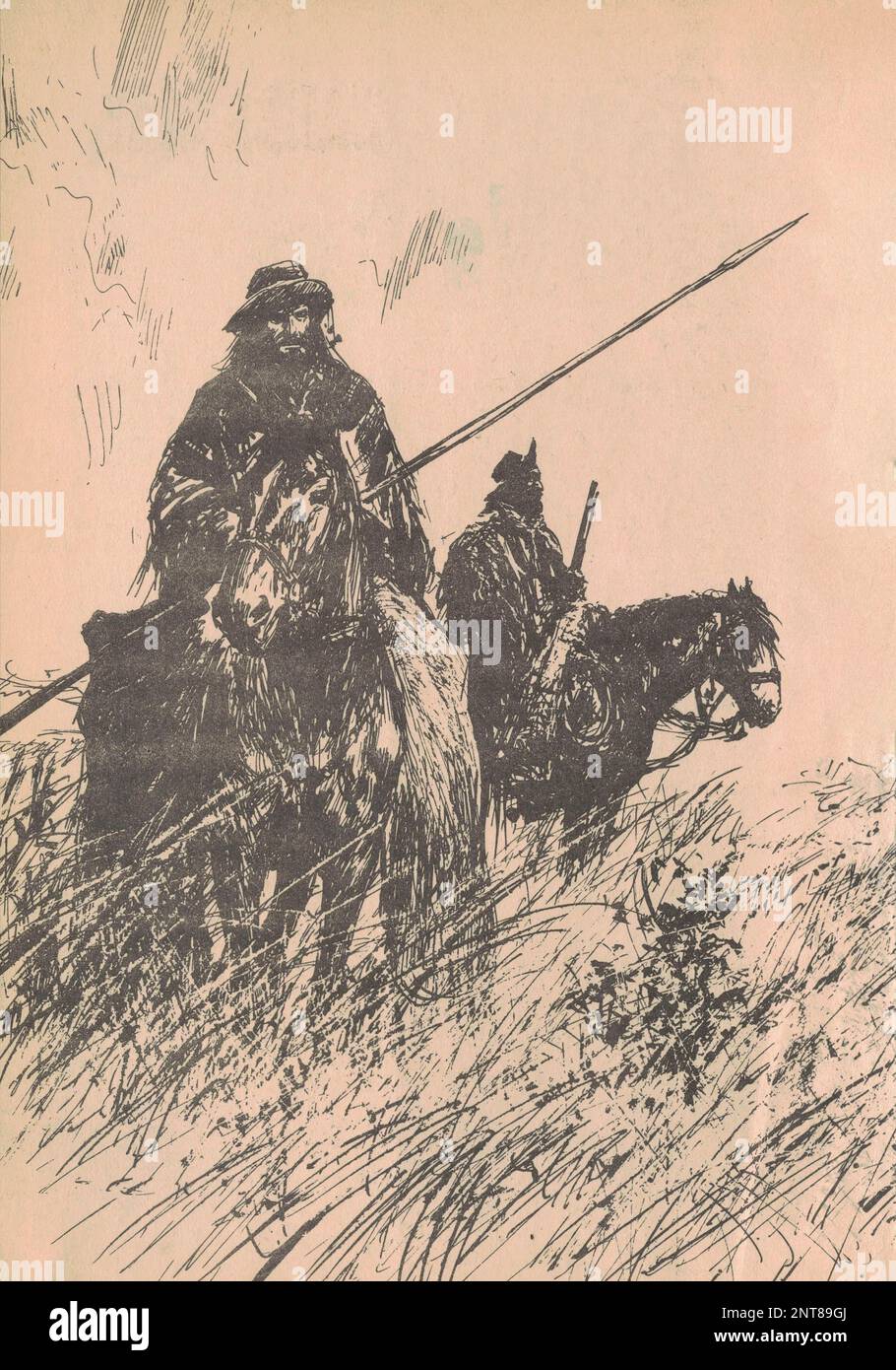 Die schwarzweiße Abbildung zeigt Gauchos auf dem Pferderücken in der