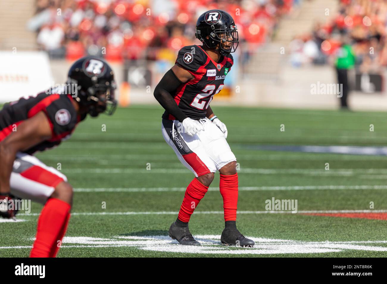 OTTAWA, ON - JULY 13: Ottawa Redblacks defensive back Corey Tindal (28) reacts to the snap during Canadian Football League action between the Montreal Alouettes and Ottawa Redblacks on July 13, 2019, at TD Place at Lansdowne Park in Ottawa, ON, Canada. (Photo by Richard A. Whittaker/Icon Sportswire) (Icon Sportswire via AP Images) Stockfoto