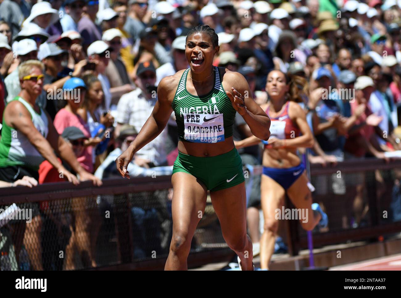 Blessing Okagbare (NGR) celebrates after winning the woens's 200m in 22.05 during the 45th Prefontaine Classic, Sunday, June 30, 2019, in Stanford, Calif. (Gerome Wright/Image of Sport via AP) Stockfoto