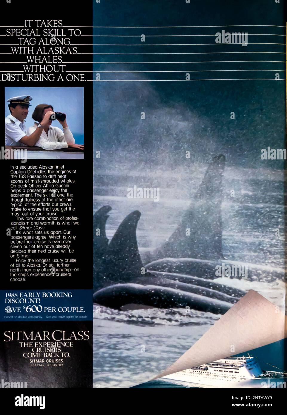 Werbung für Kreuzfahrten in der Sitmar-Klasse in einem Magazin in NatGeo, Februar 1988 Stockfoto